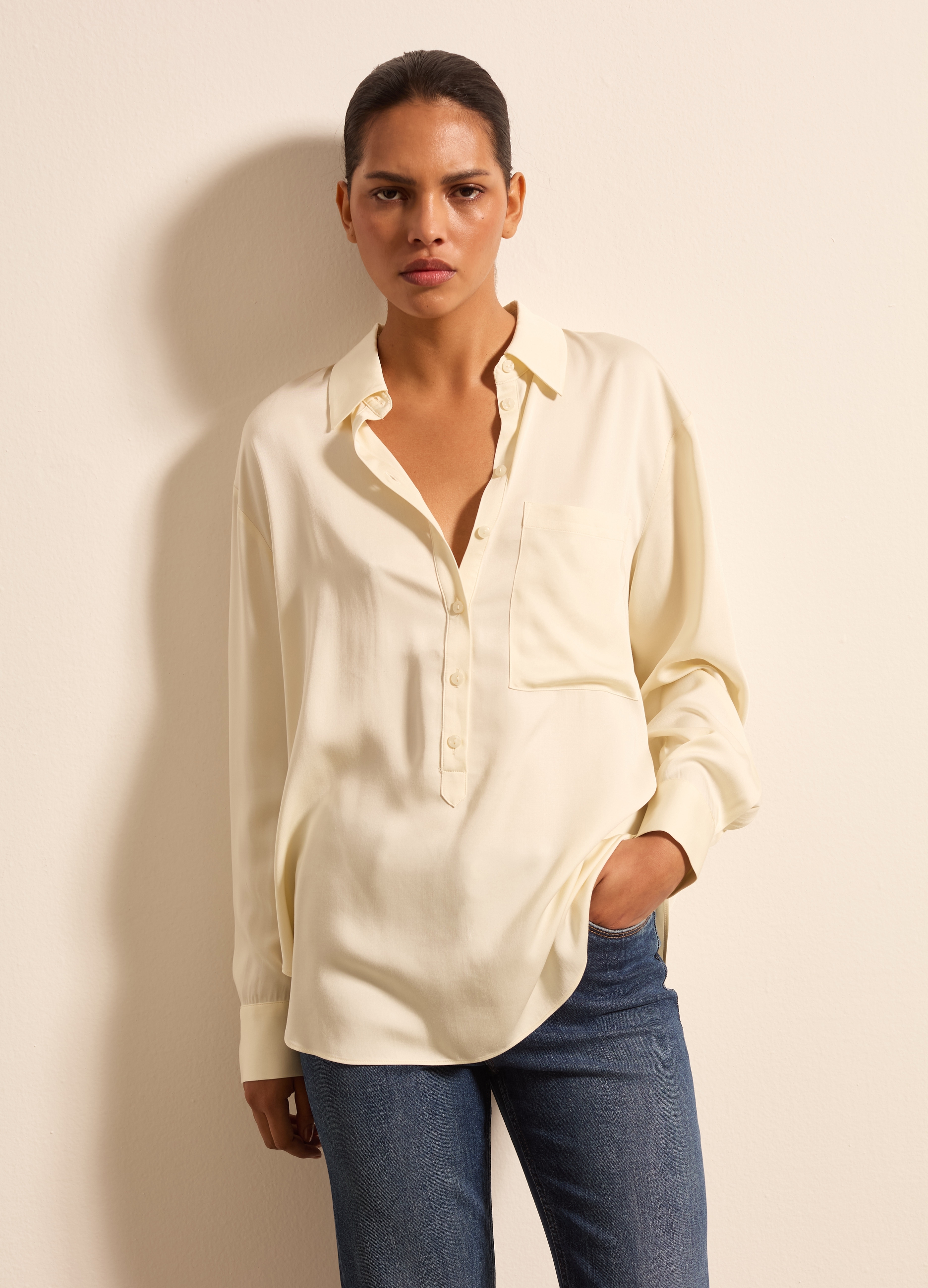 Stefanel - Camicia in satin scollo a polo, Donna, Bianco avorio, Taglia XS