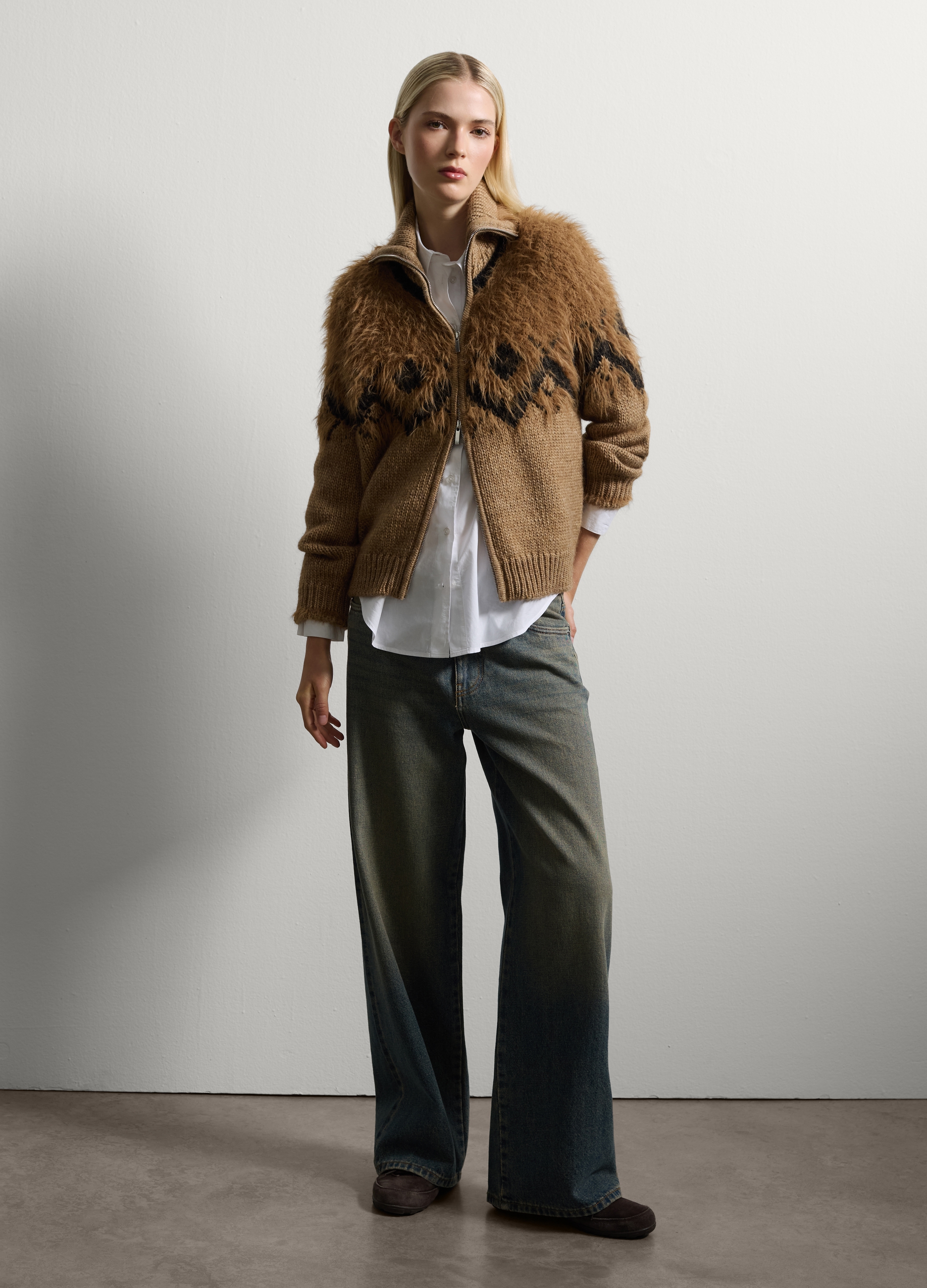 Stefanel - Cardigan marrone regular fit con zip, Donna, Nero/Marrone, Taglia S