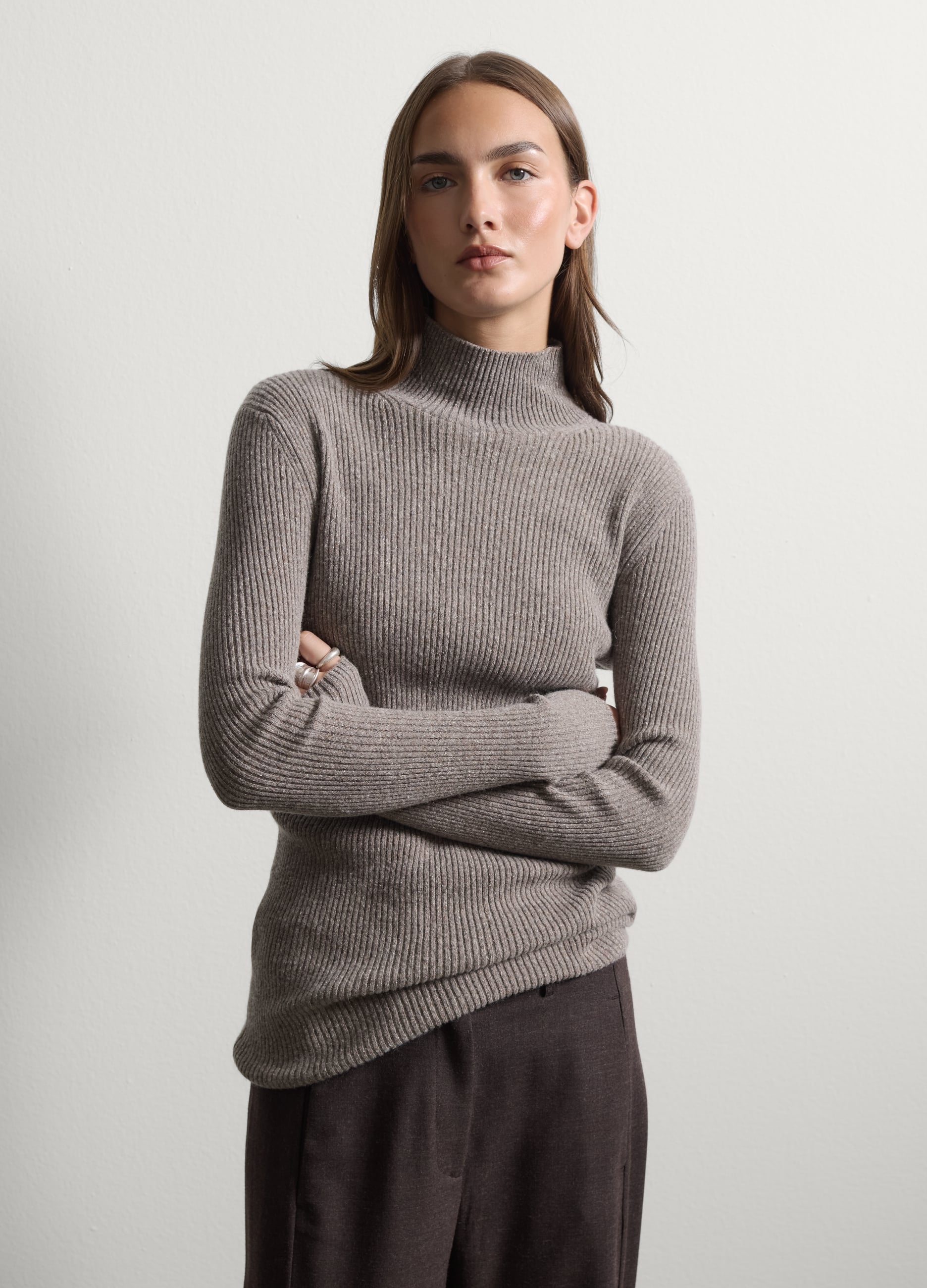 Stefanel - Maglia grigia in misto lana e seta a dolcevita regular fit, Donna, Grigio, Taglia XL