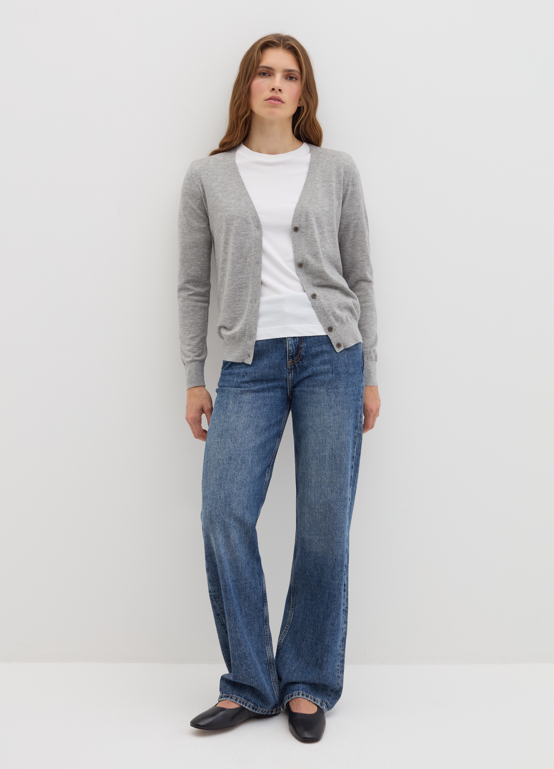 Stefanel - Cardigan in lana e seta con scollo a V, Donna, Grigio melange, Taglia M