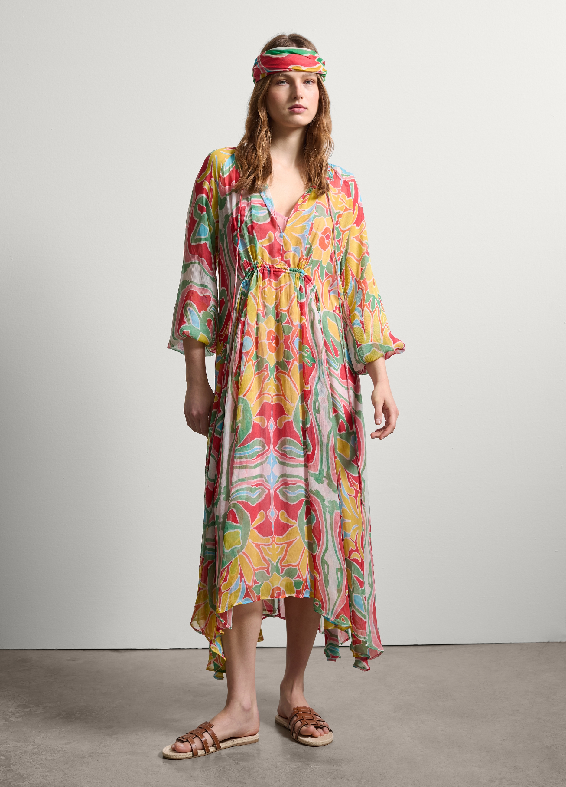 Stefanel - Abito lungo in chiffon multicolore, Donna, Giallo/Rosso, Taglia XS