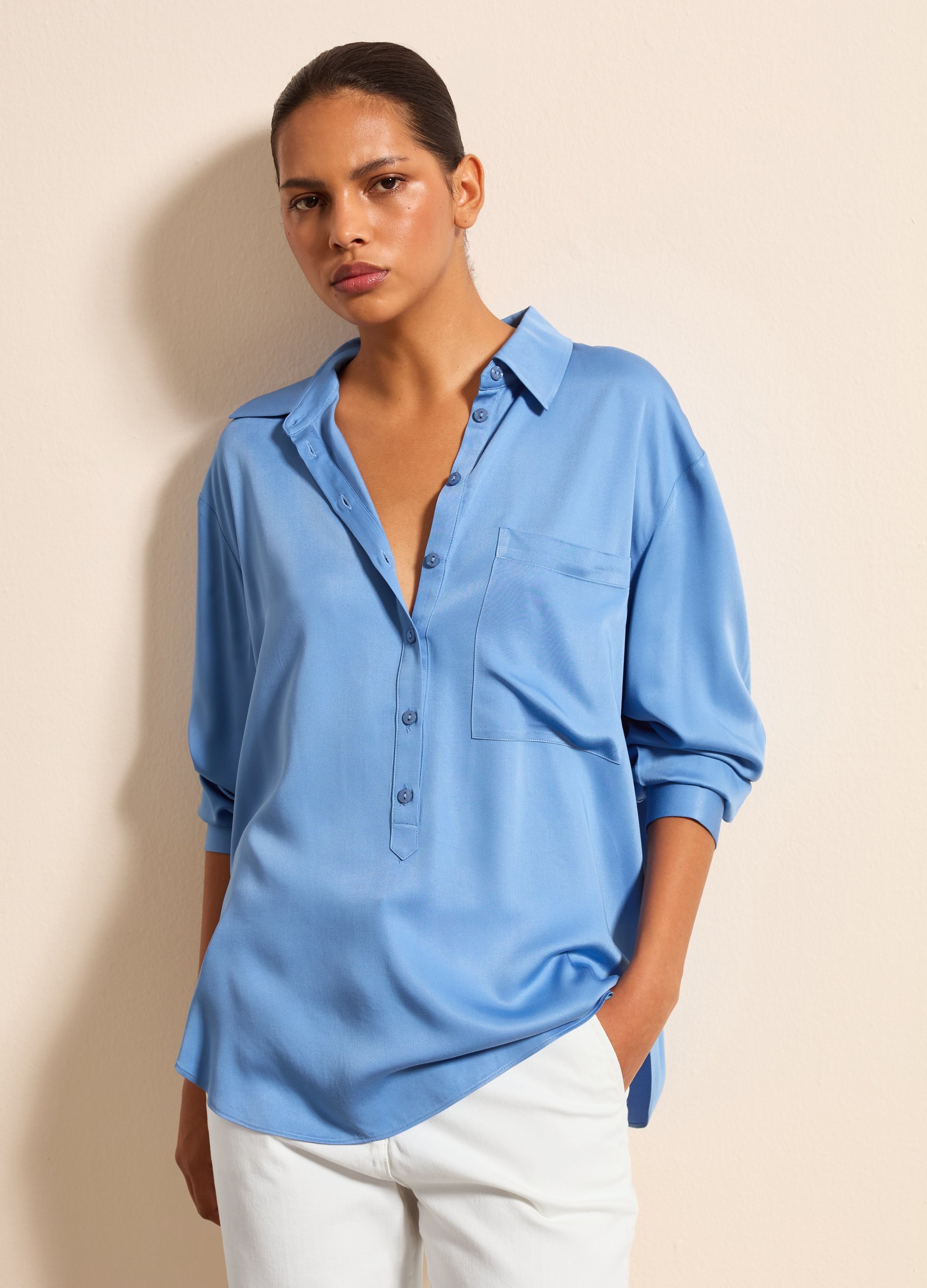 Stefanel - Camicia in satin scollo a polo, Donna, Azzurro scuro, Taglia XS