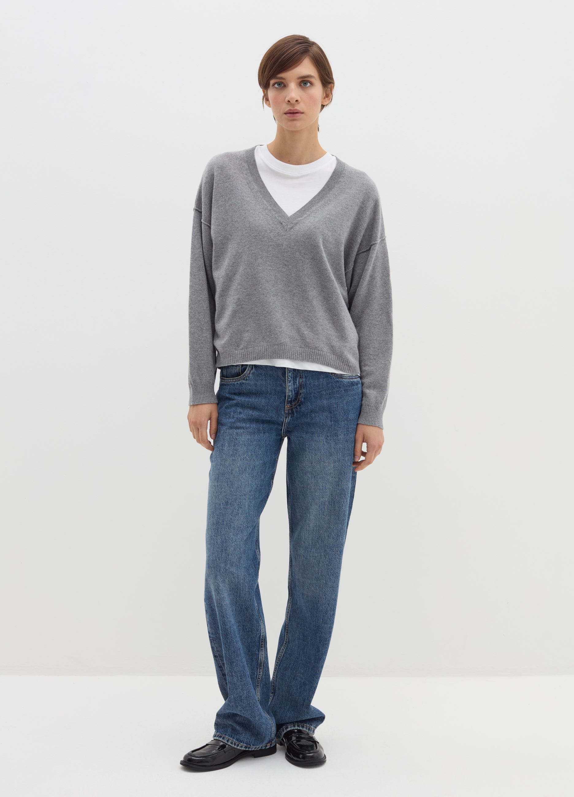 Stefanel - Pullover oversize in lana viscosa e cashmere, Donna, Grigio melange, Taglia S