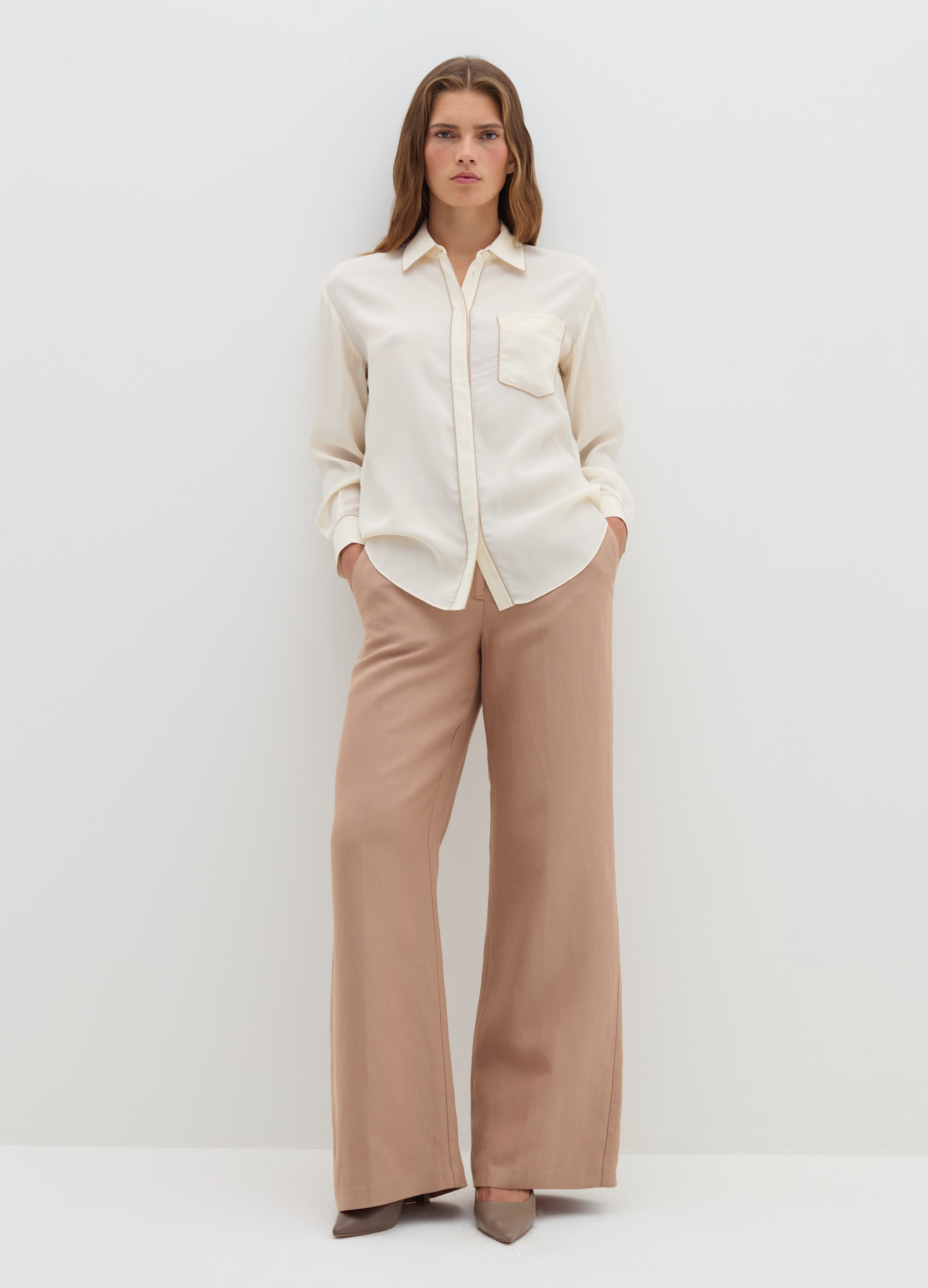 Stefanel - Camicia loose fit con piping a contrasto, Donna, Bianco avorio, Taglia 38