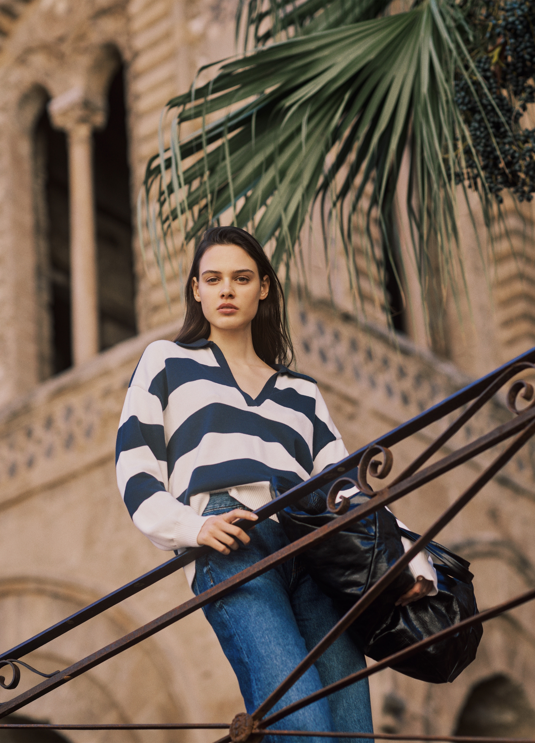 Stefanel - Maglia over a righe con scollo a polo, Donna, Bianco/Blu, Taglia S