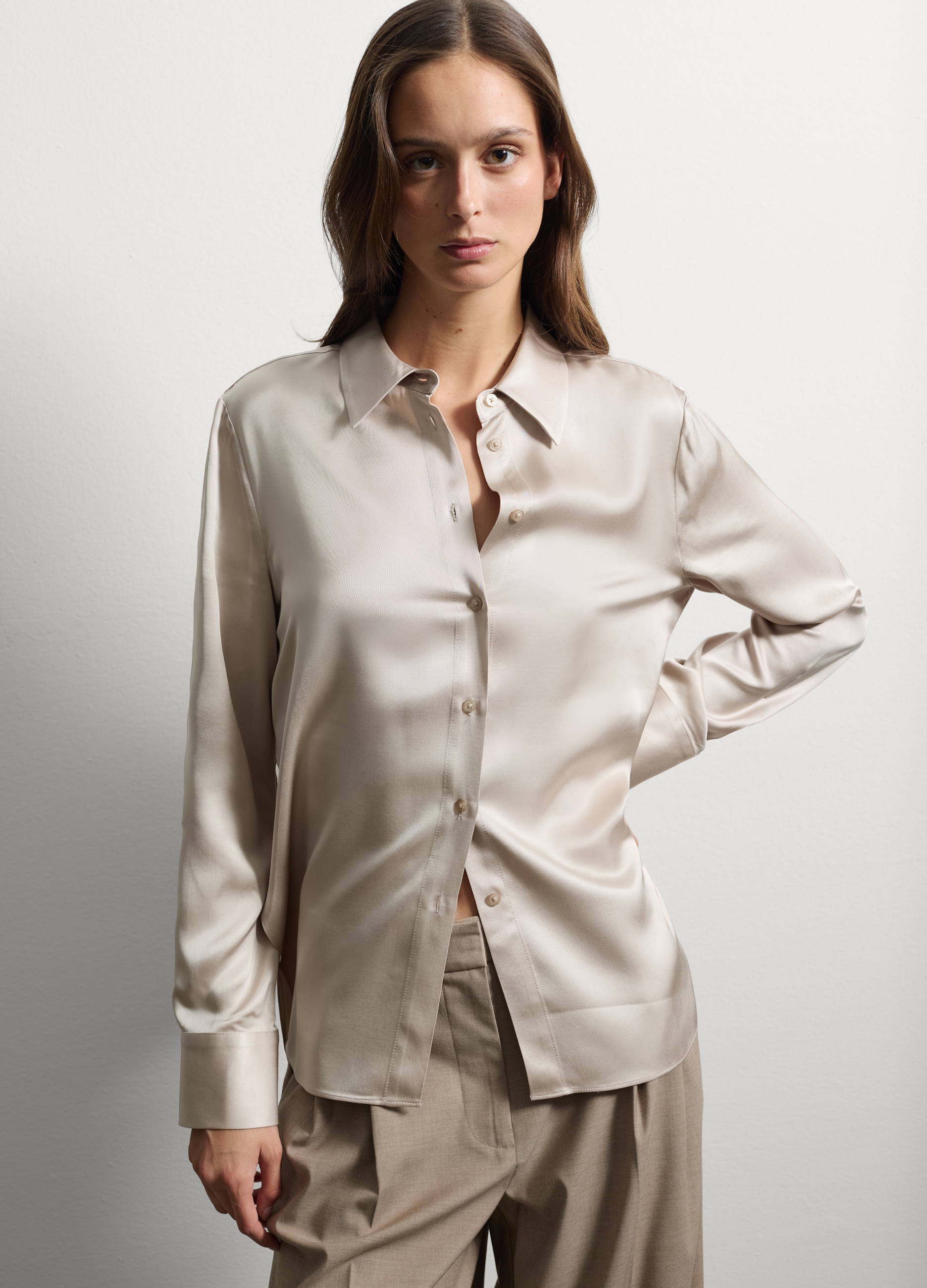 Stefanel - Camicia satinata beige regular fit, Donna, Beige chiaro, Taglia XS