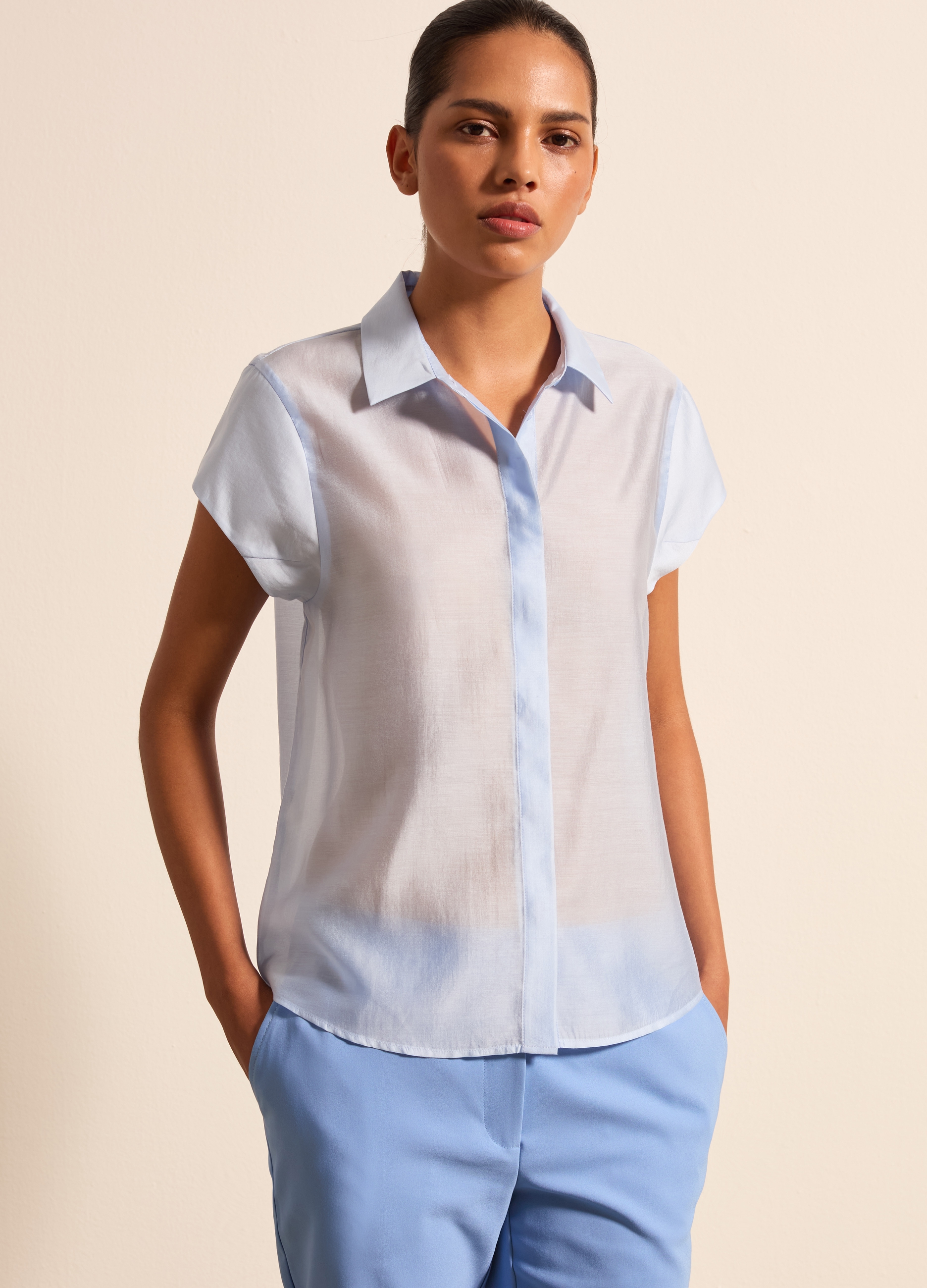 Stefanel - Camicia con maniche corte, Donna, Blu chiaro, Taglia XS