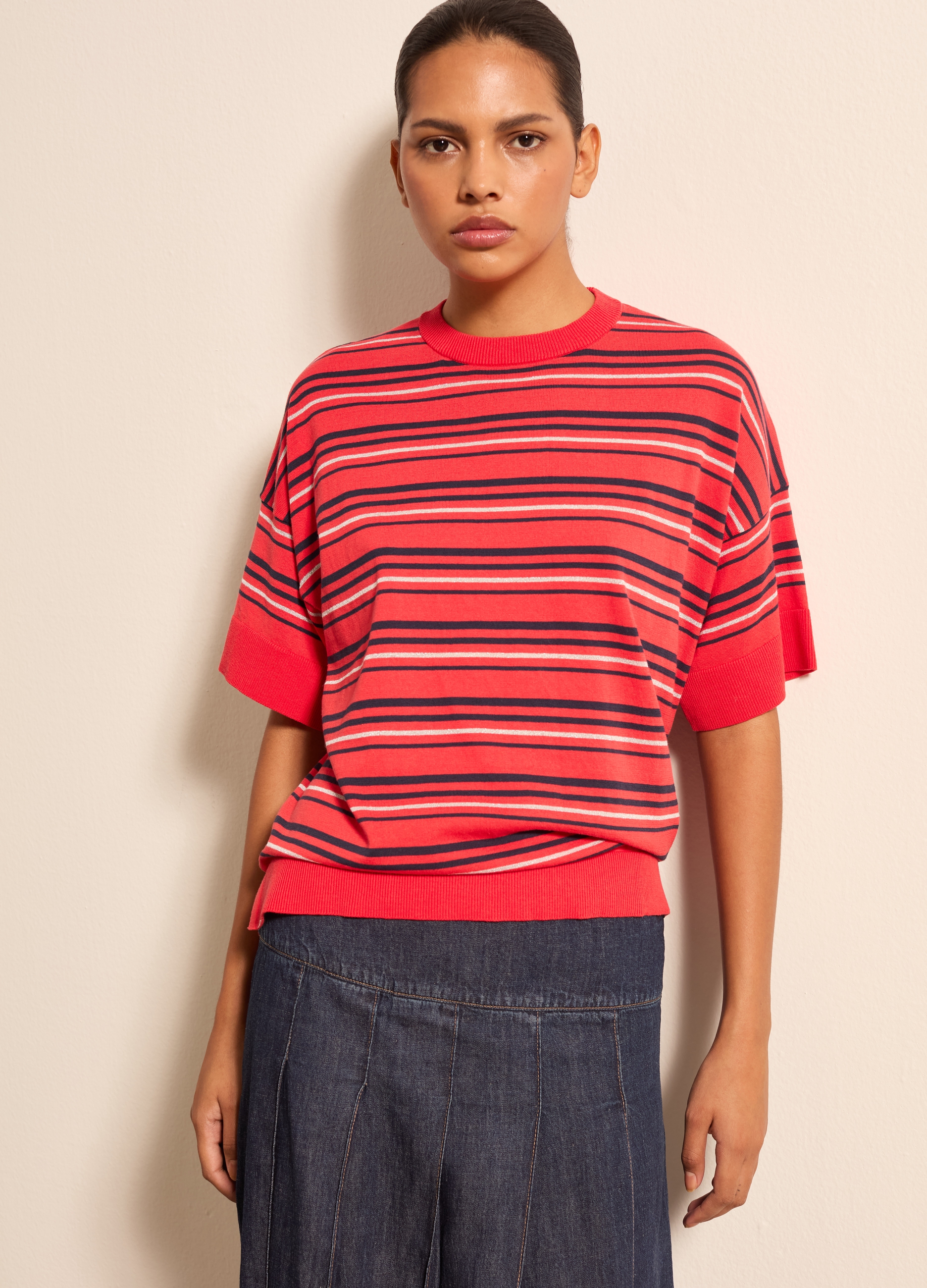 Stefanel - Maglia in crêpe a righe con lurex, Donna, Blu/rosso, Taglia XS