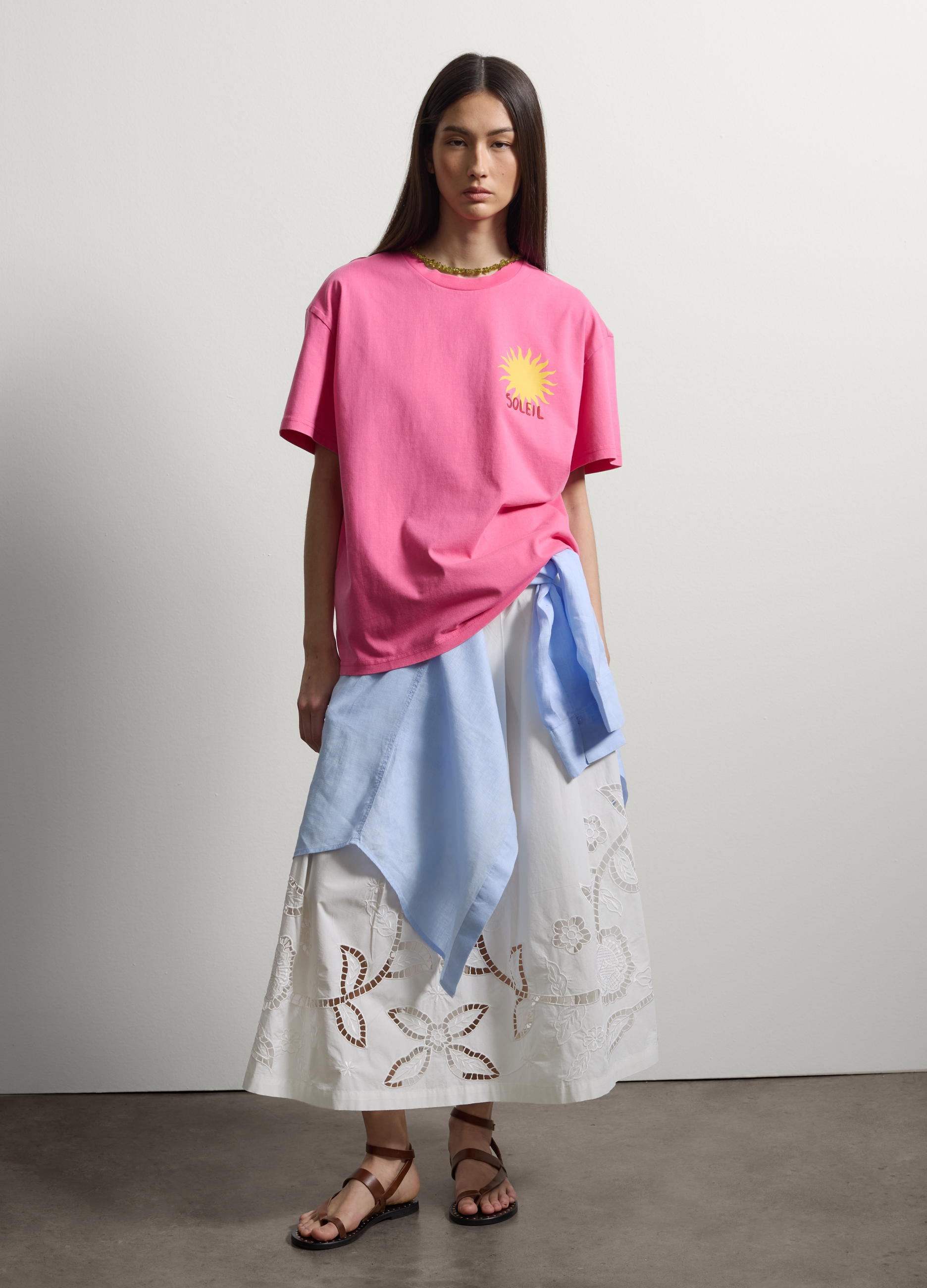 Stefanel - Gonna midi bianca in puro cotone con ricami traforati, Donna, Bianco sporco, Taglia S
