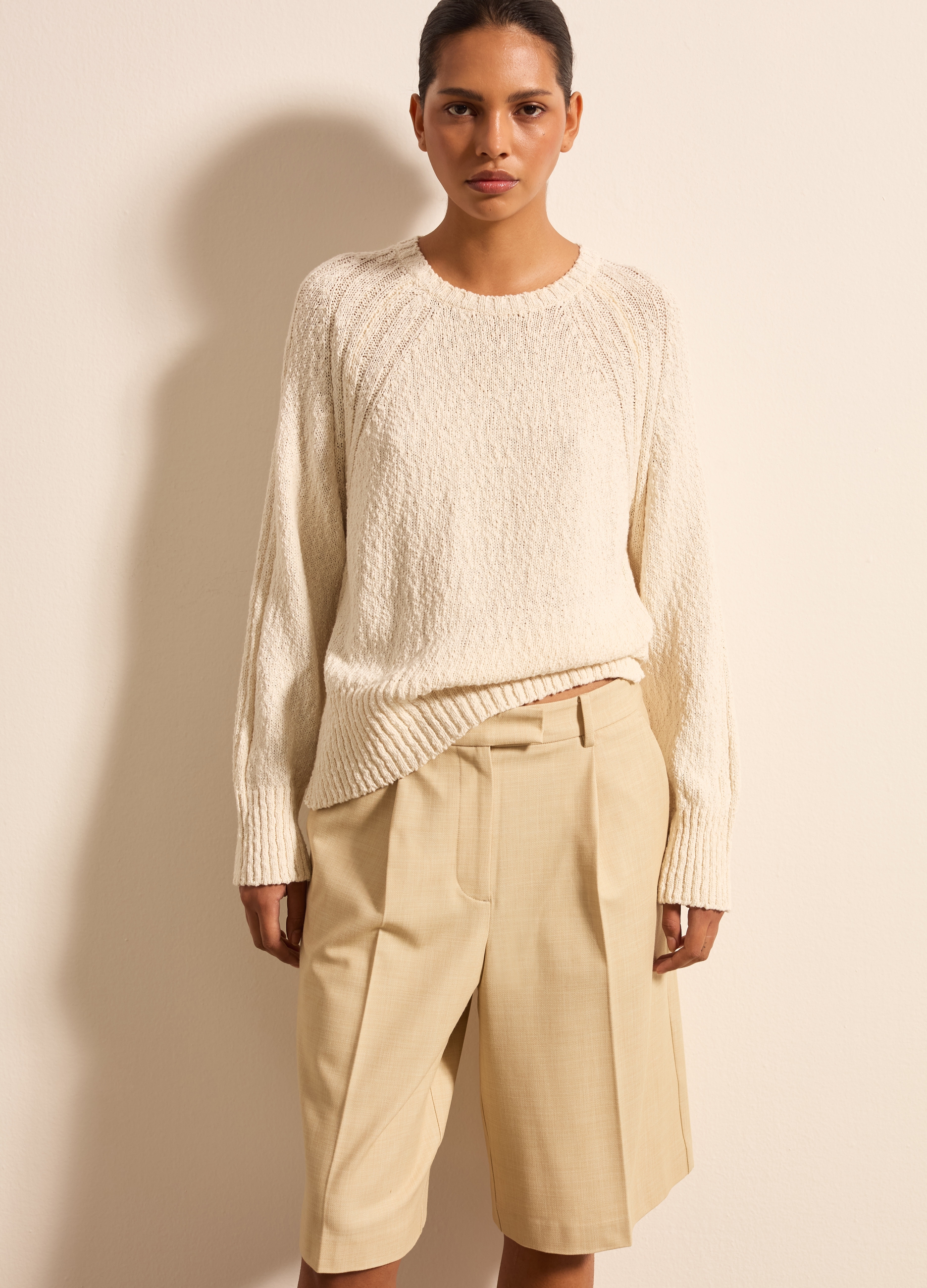 Stefanel - Pullover in cotone e lino, Donna, Bianco panna, Taglia XS