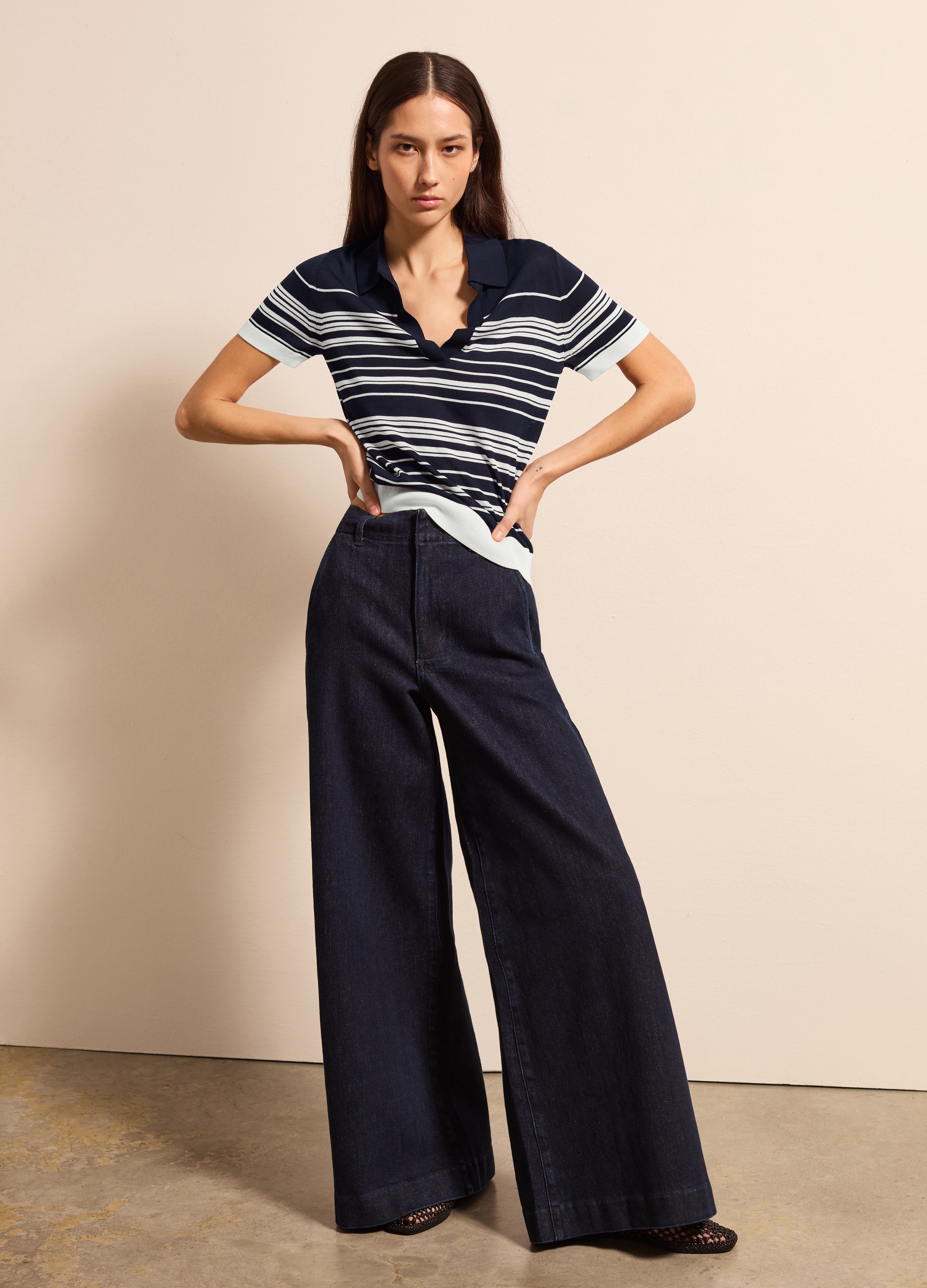 Stefanel - Maglia a righe con scollo a polo, Donna, Bianco/Blu, Taglia XS