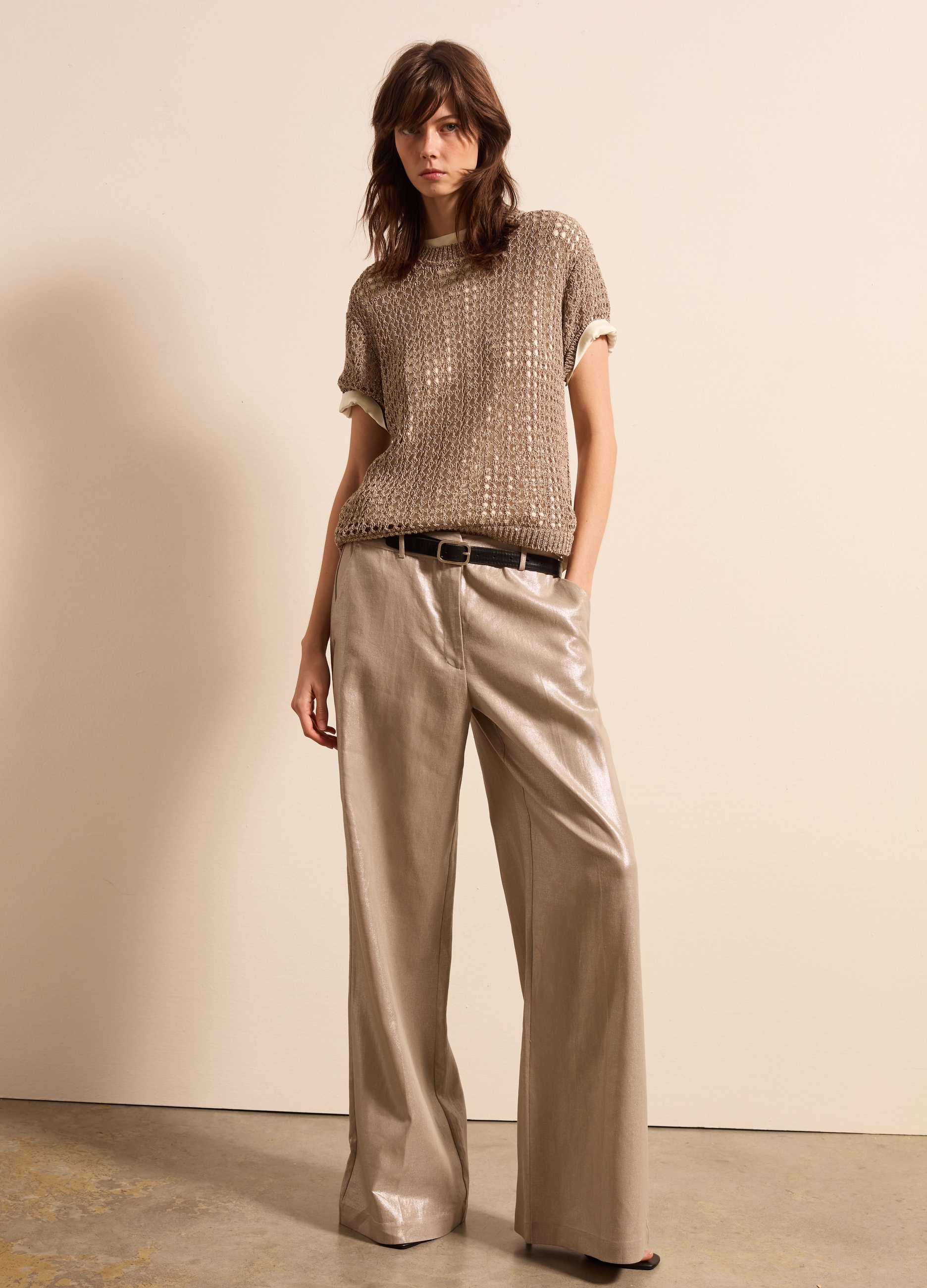 Stefanel - Pantalone a gamba larga effetto metallizzato, Donna, Beige chiaro, Taglia 38