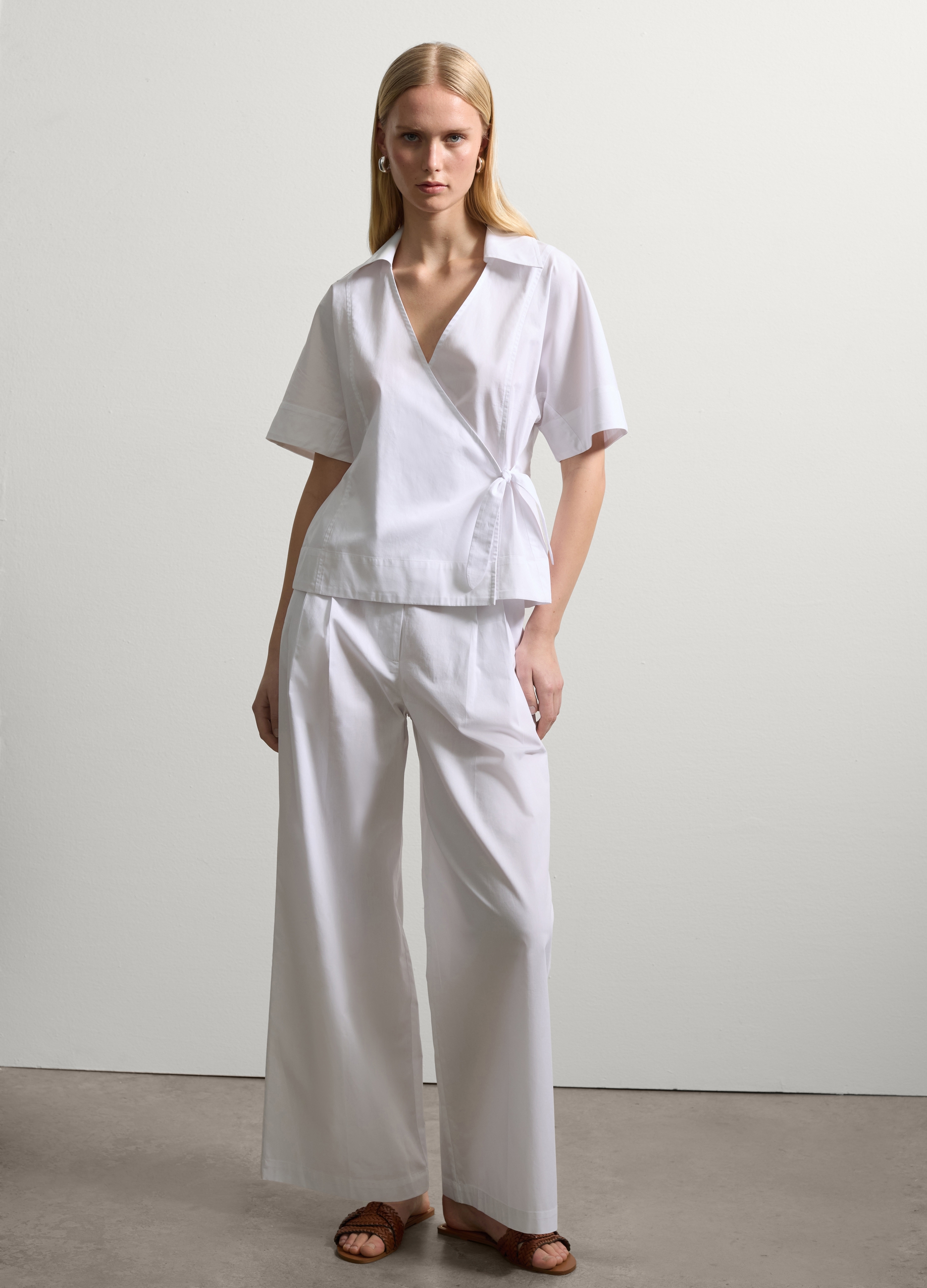 Stefanel - Pantalone a gamba larga in popeline, Donna, Bianco ottico, Taglia XS