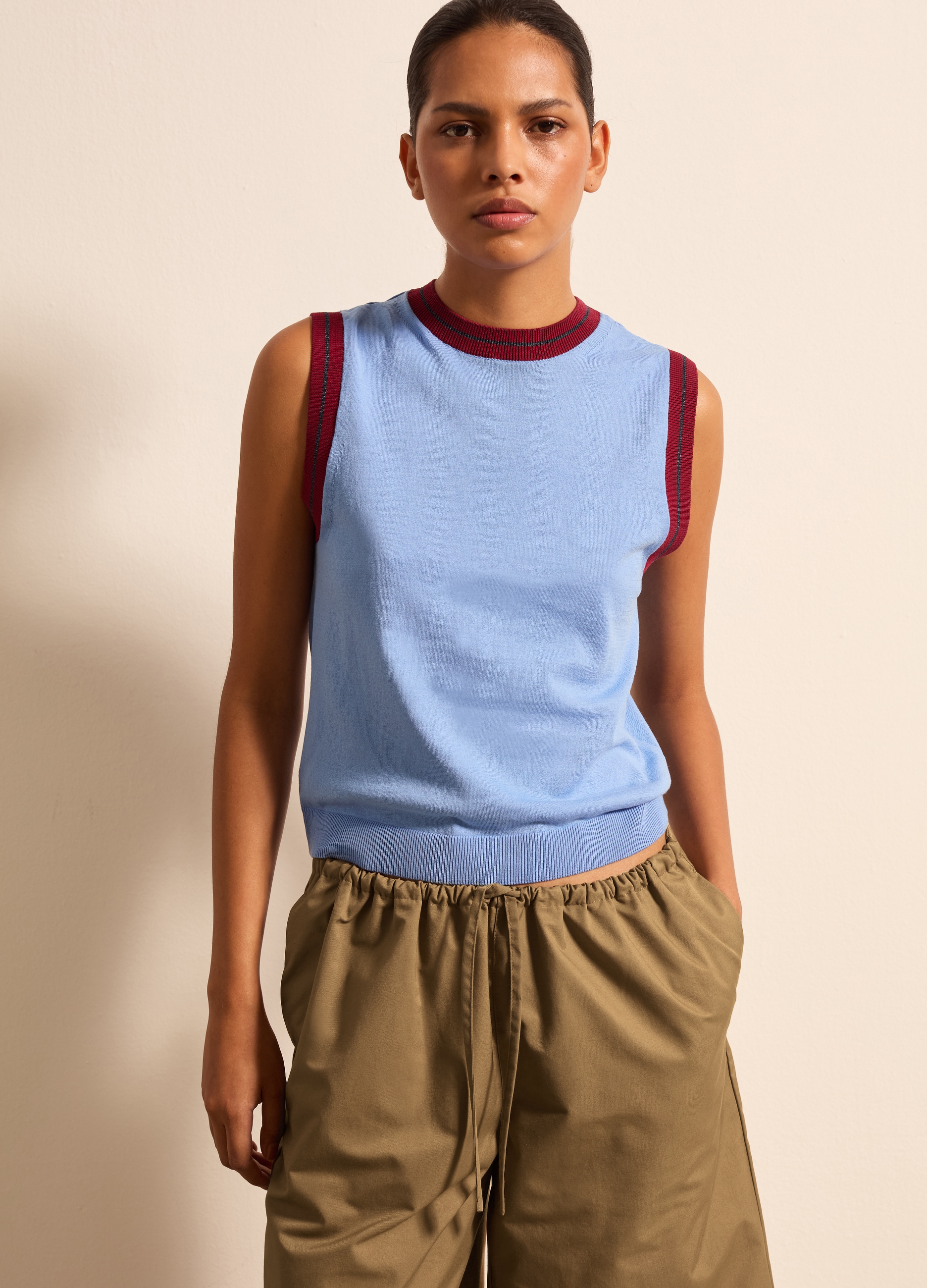 Stefanel - Tank top in crêpe con dettaglio lurex, Donna, Blu chiaro, Taglia XS