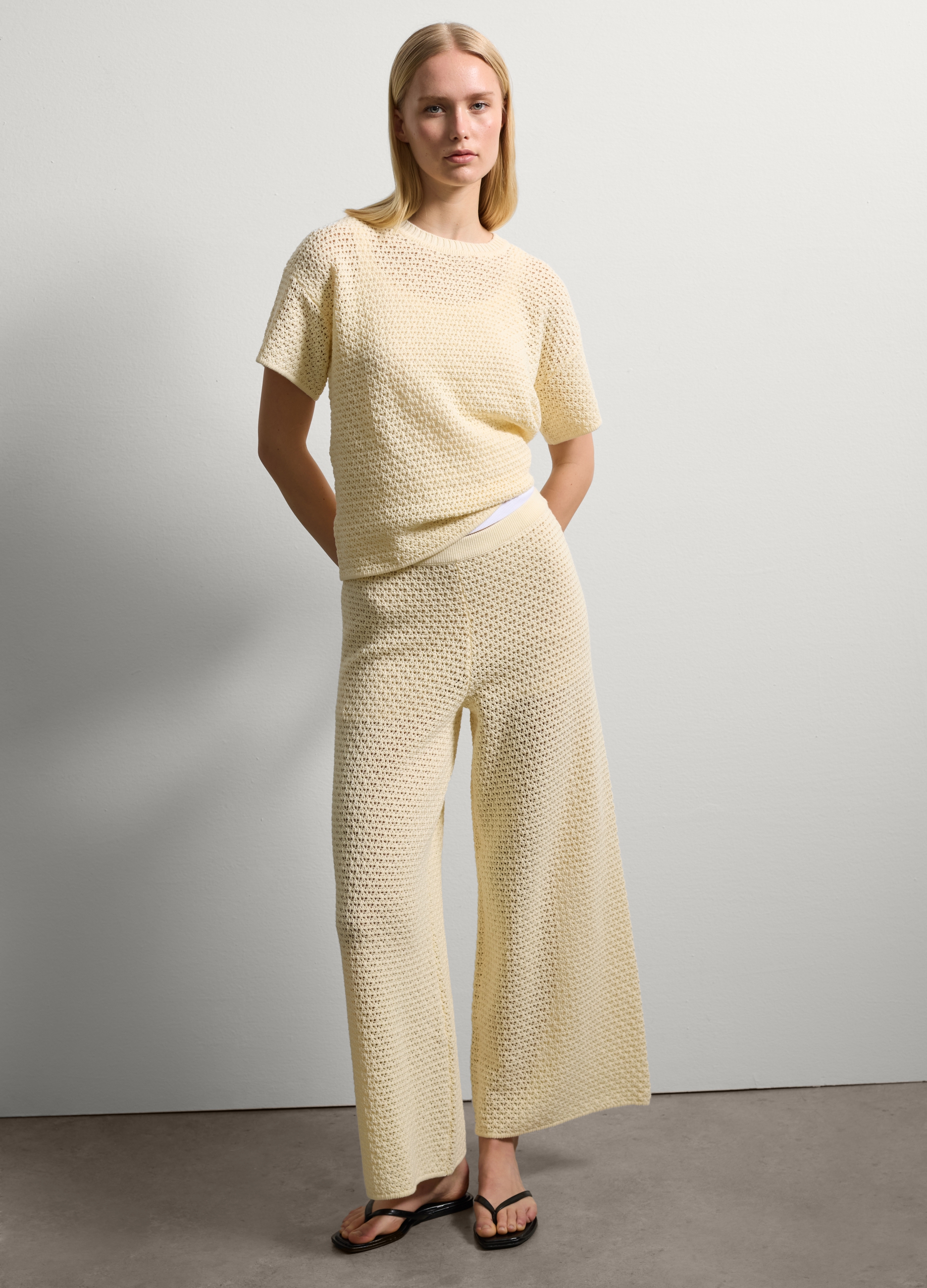 Stefanel - Pantalone a gamba larga crochet, Donna, Bianco avorio, Taglia XS