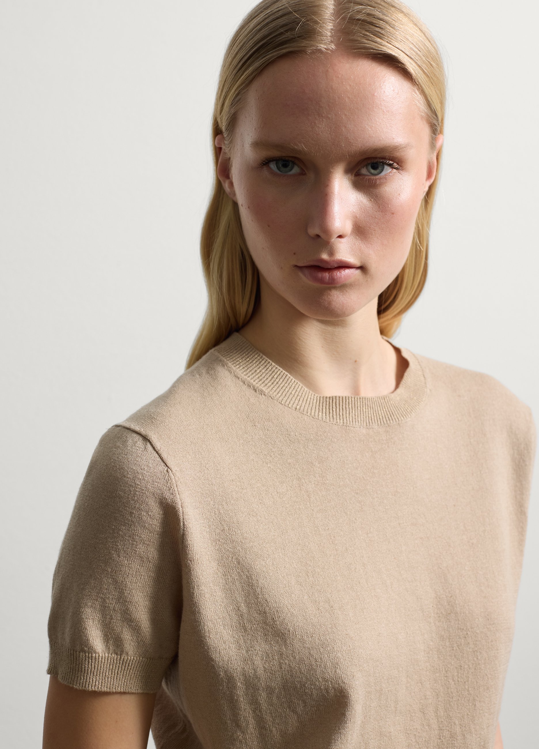 Stefanel - Maglia a maniche corte in cotone e lino, Donna, Sabbia, Taglia XS