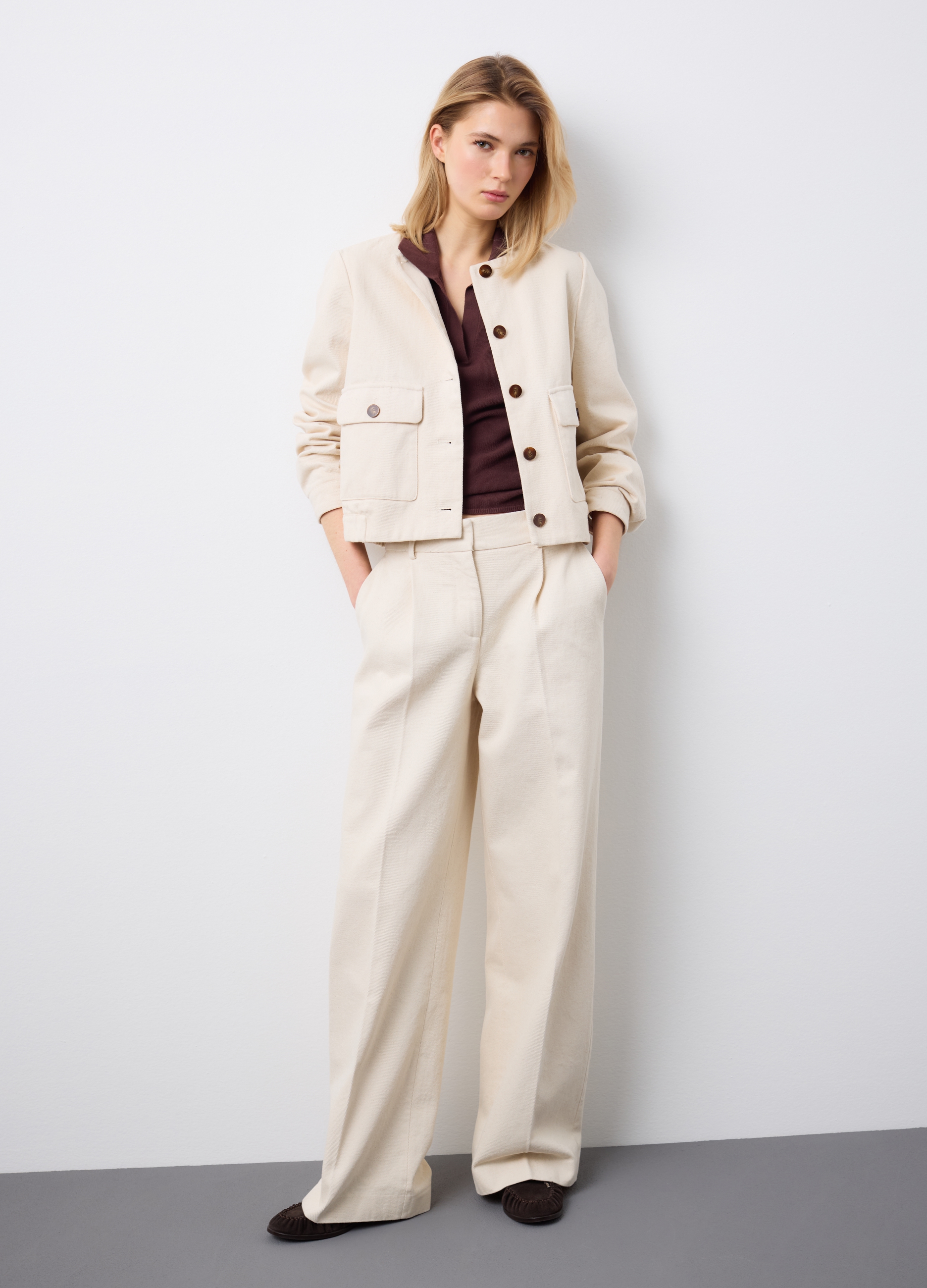 Stefanel - Pantaloni dritti in puro cotone beige, Donna, Beige chiaro, Taglia 40
