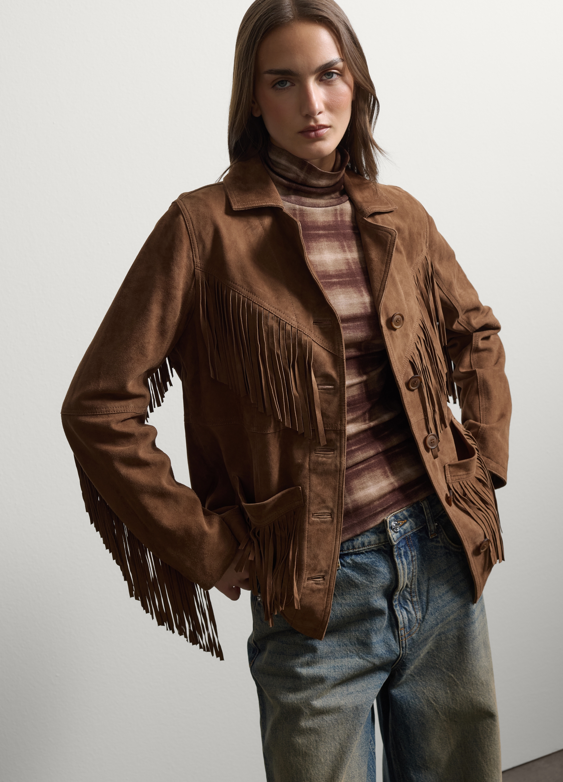 Stefanel - Giacca marrone in vera pelle con frange regular fit, Donna, Marrone cuoio, Taglia S