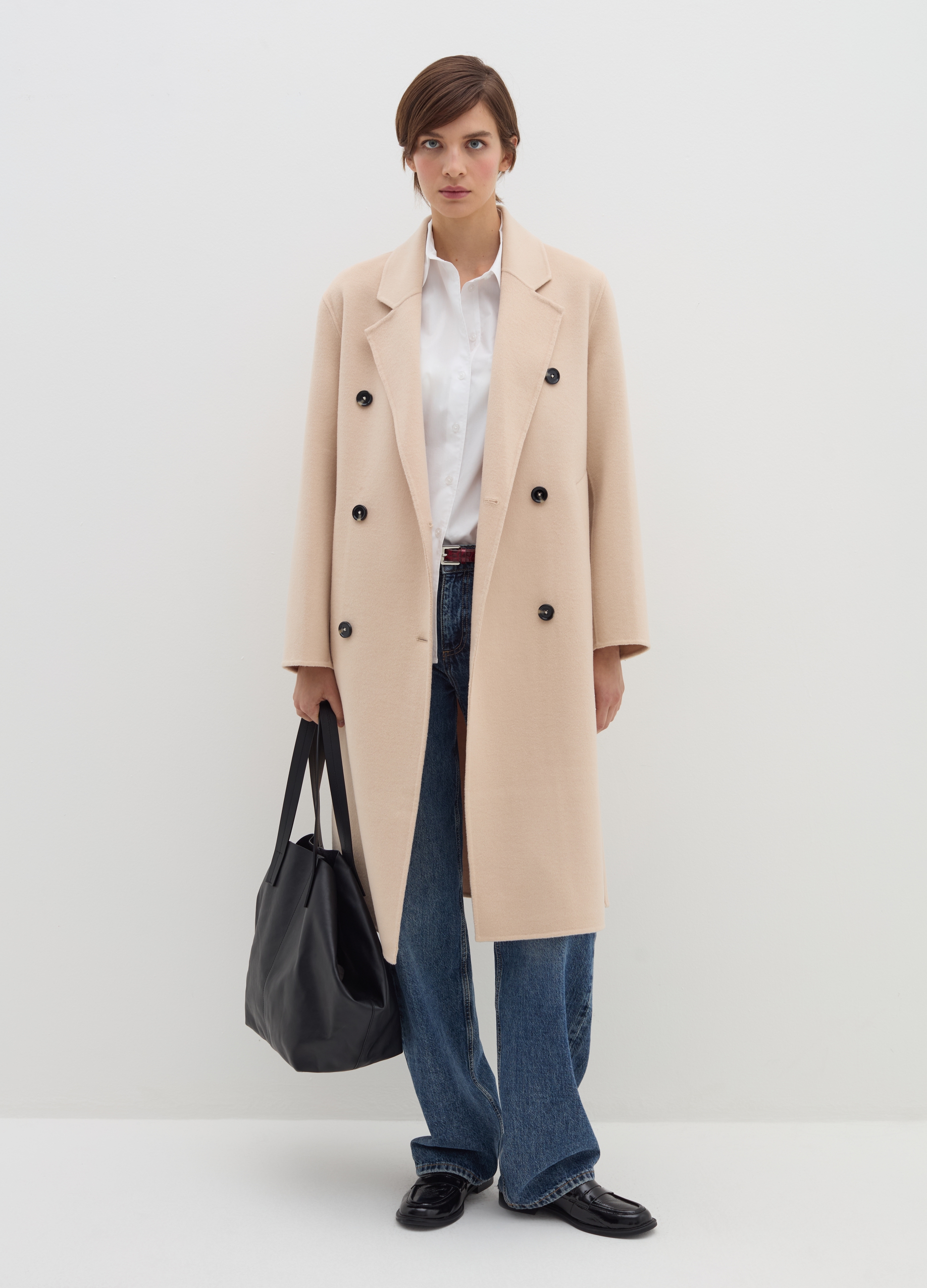 Stefanel - Cappotto lungo doppiopetto in panno, Donna, Beige, Taglia M