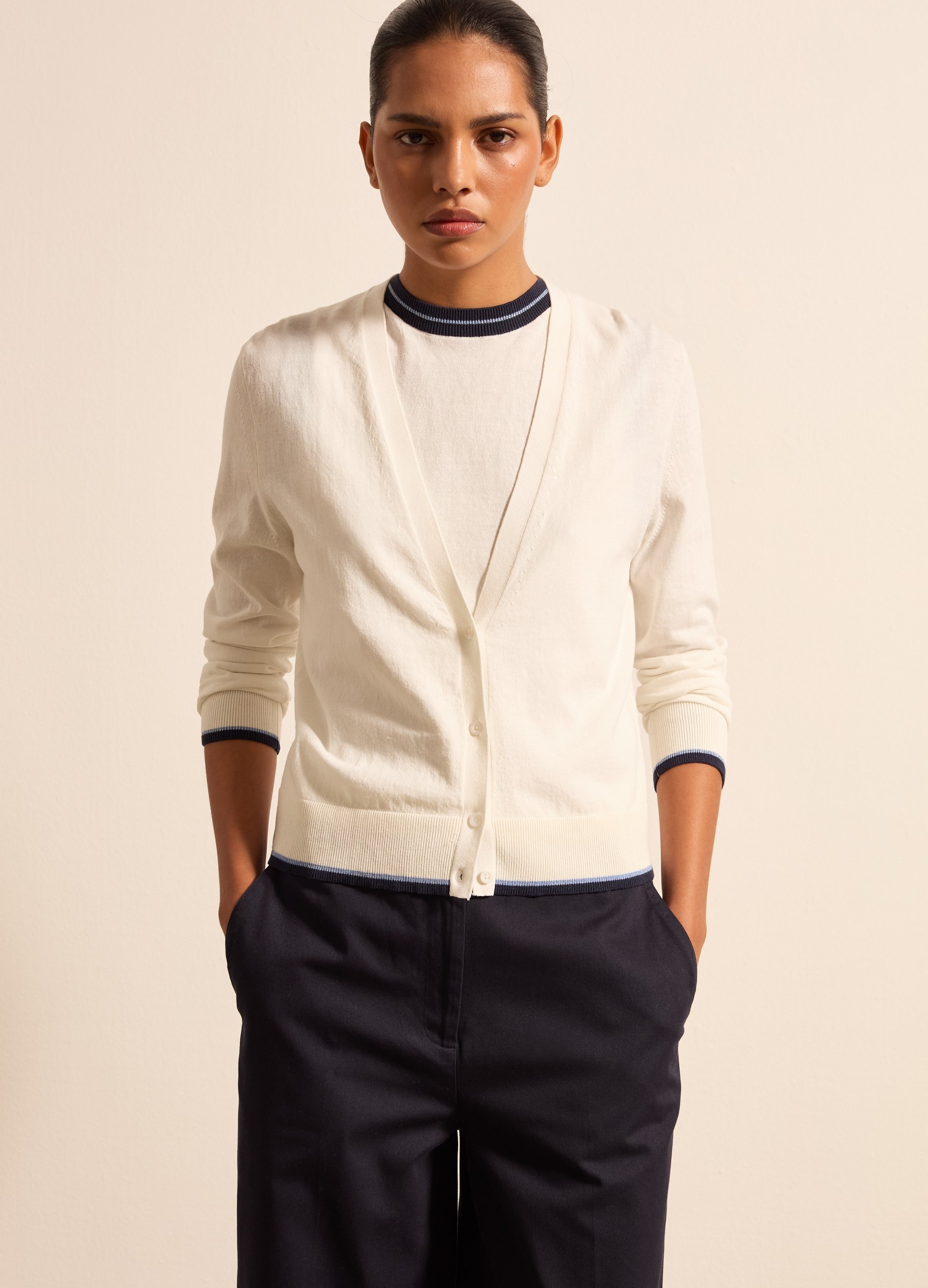 Stefanel - Cardigan in crêpe con profilo in lurex, Donna, Bianco ottico, Taglia XS