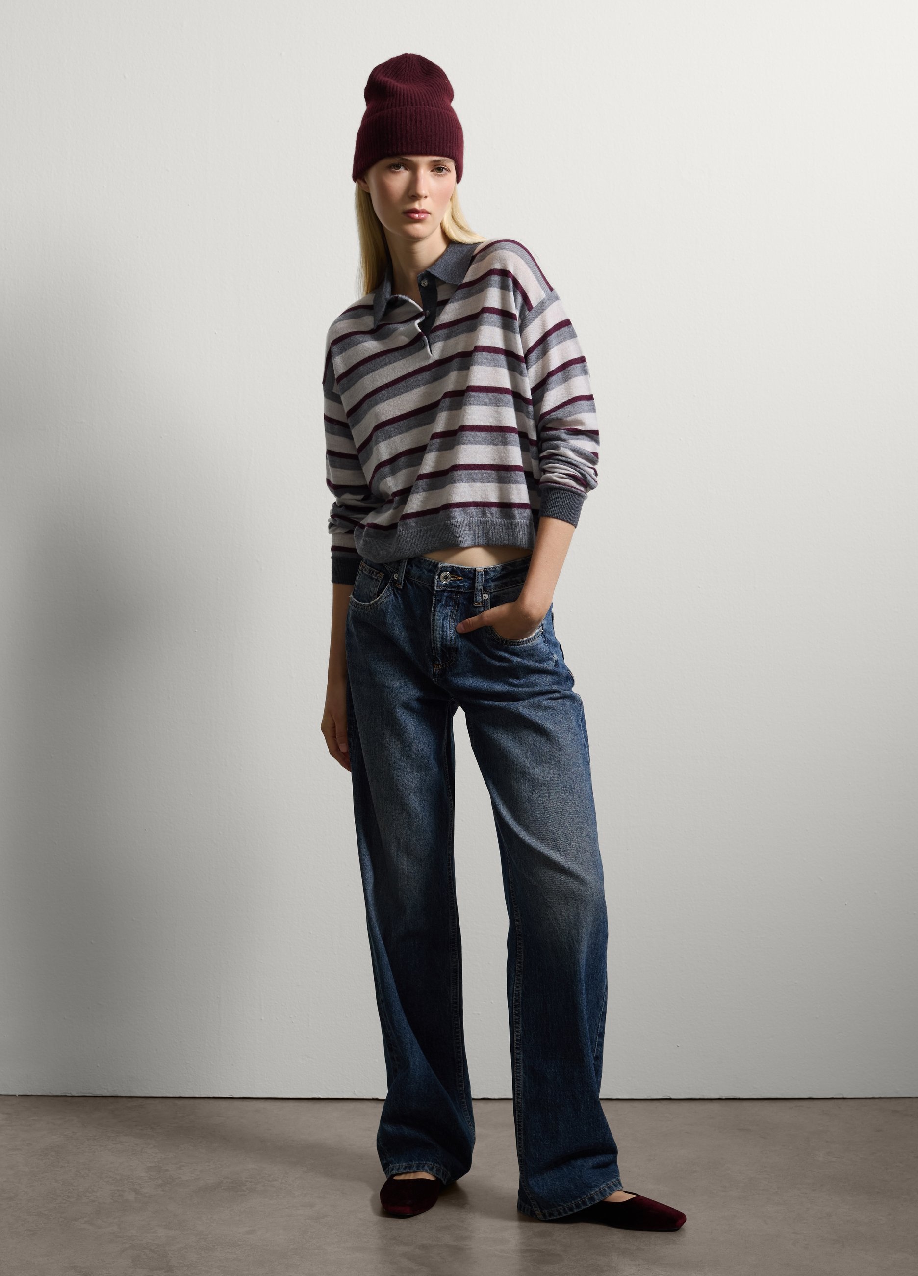 Stefanel - Maglione a righe multicolor in pura lana, Donna, Viola/Grigio, Taglia XS