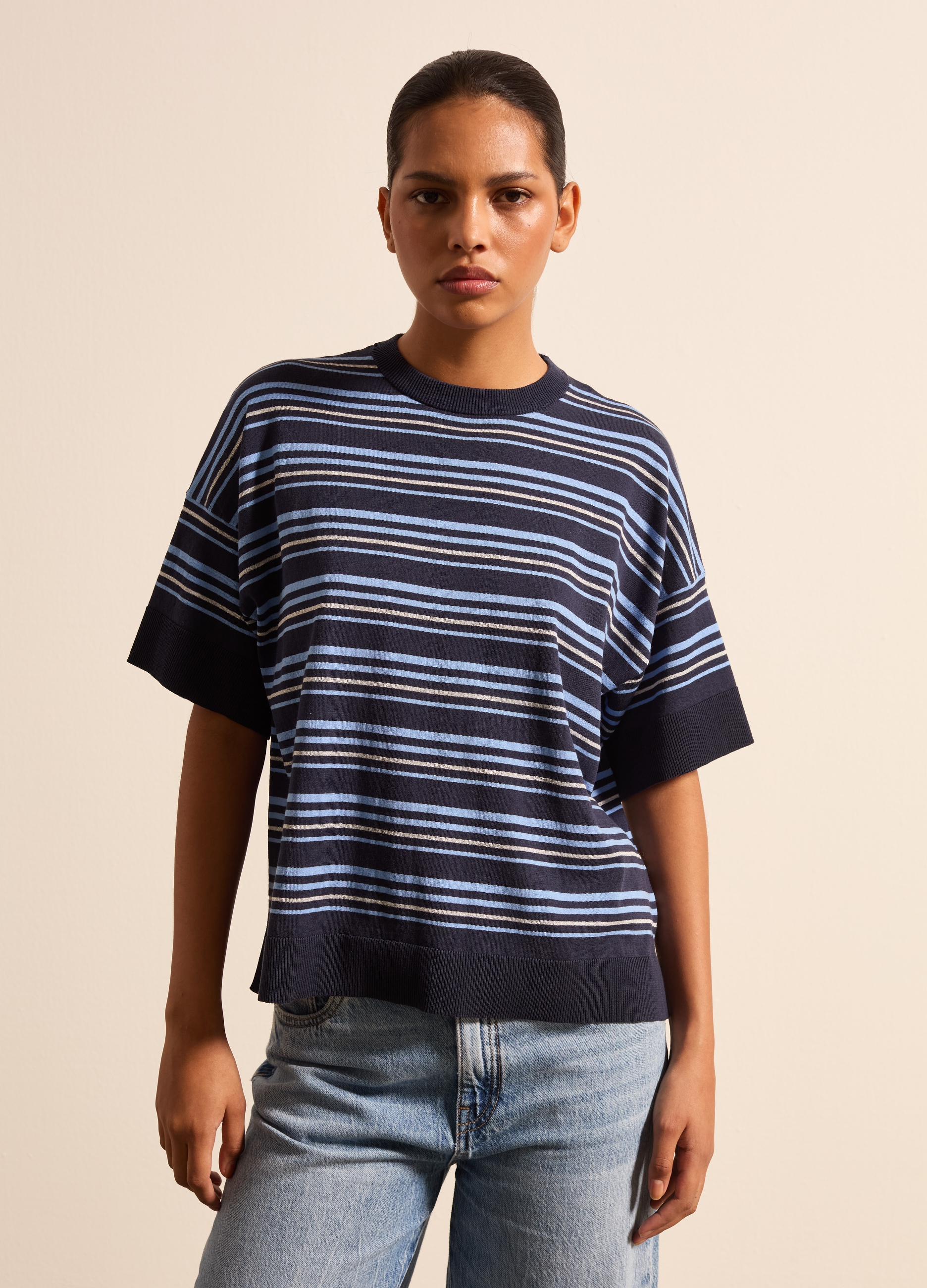 Stefanel - Maglia in crêpe a righe con lurex, Donna, Blu/Azzurro, Taglia XS