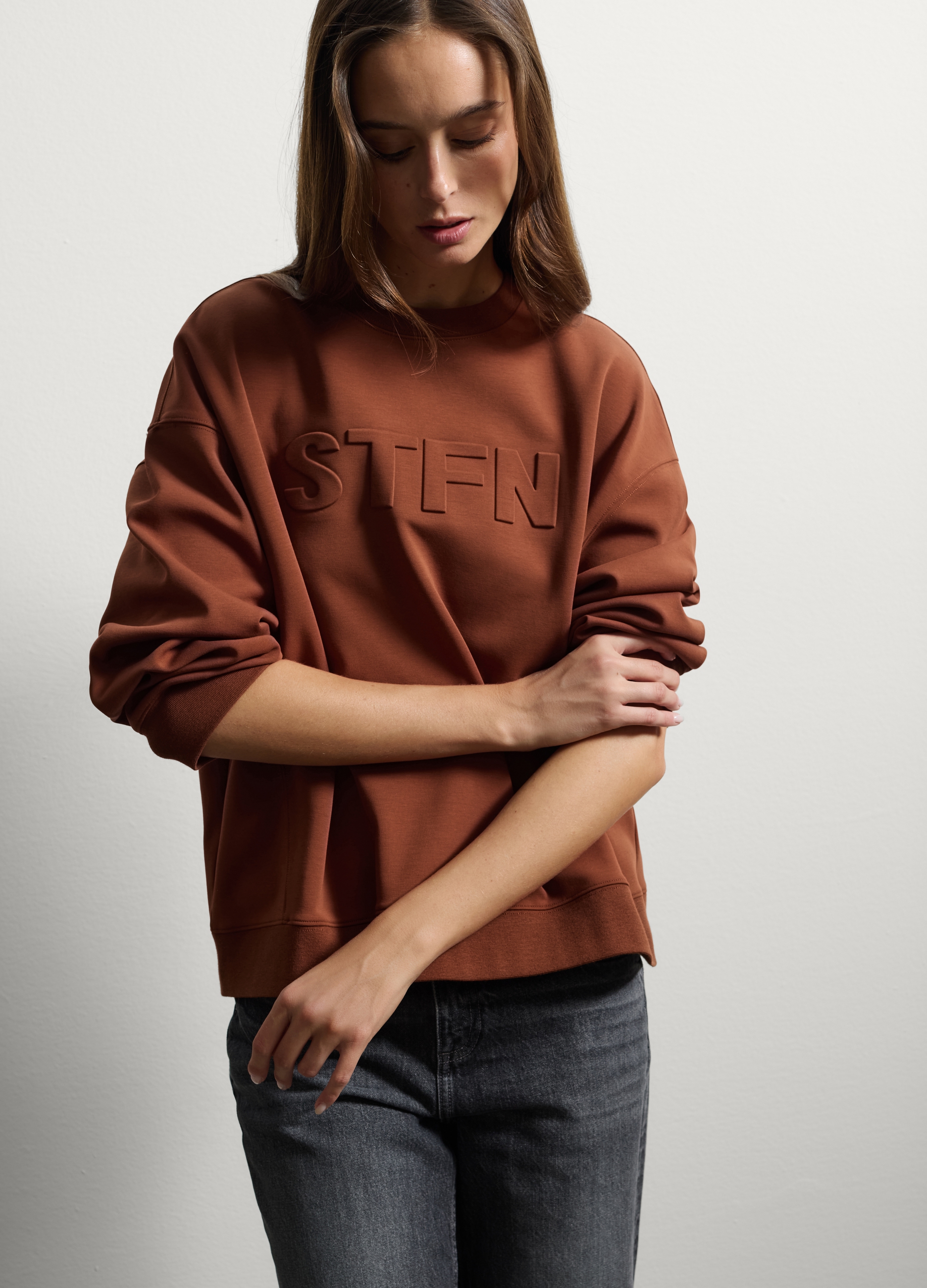 Stefanel - Felpa in misto cotone marrone regular fit, Donna, Marrone chiaro, Taglia S