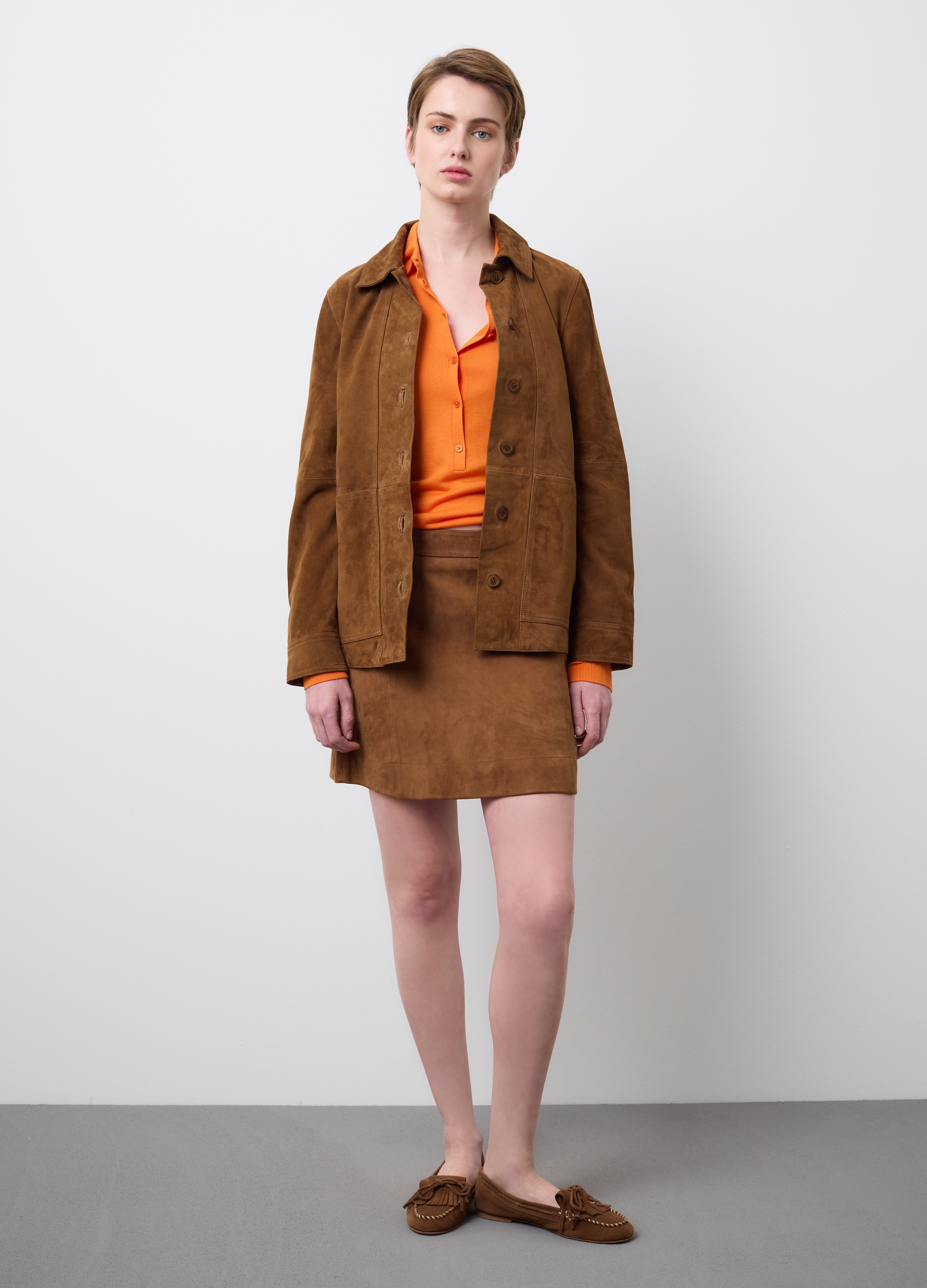 Stefanel - Gonna in vera pelle marrone regular fit, Donna, Marrone tabacco, Taglia XS