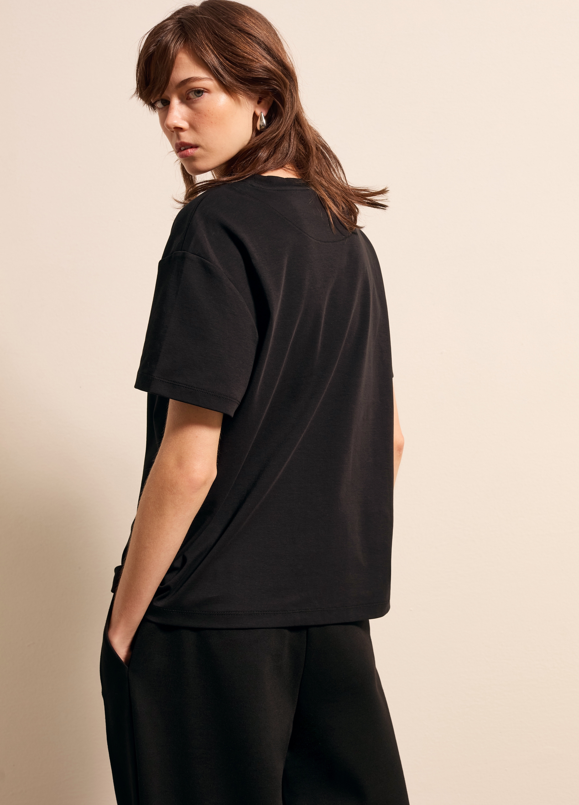 Stefanel - T-shirt boxy fit tinta unita, Donna, Nero, Taglia XS