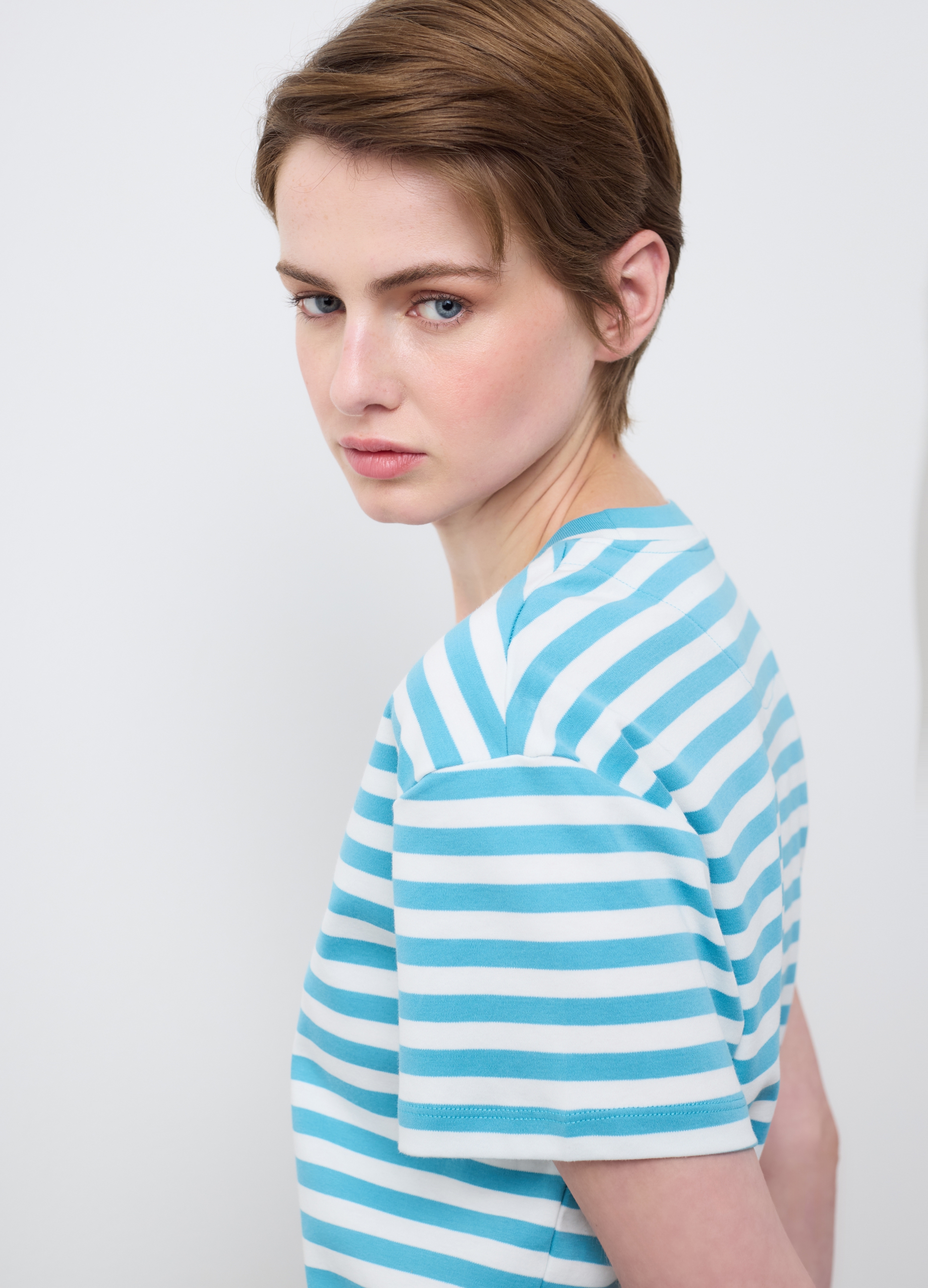 Stefanel - T-shirt in puro cotone a righe multicolor regular fit, Donna, Bianco/Azzurro, Taglia XS