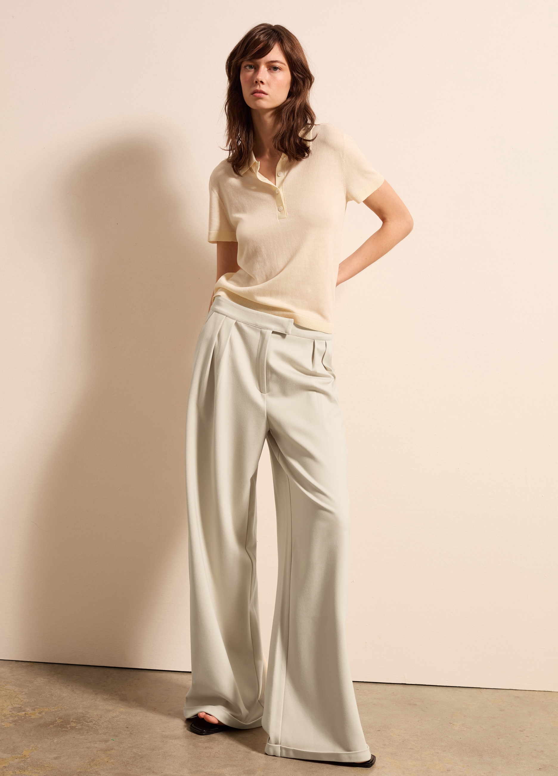 Stefanel - Pantalone palazzo a gamba larga in punto roma, Donna, Bianco gesso, Taglia 38