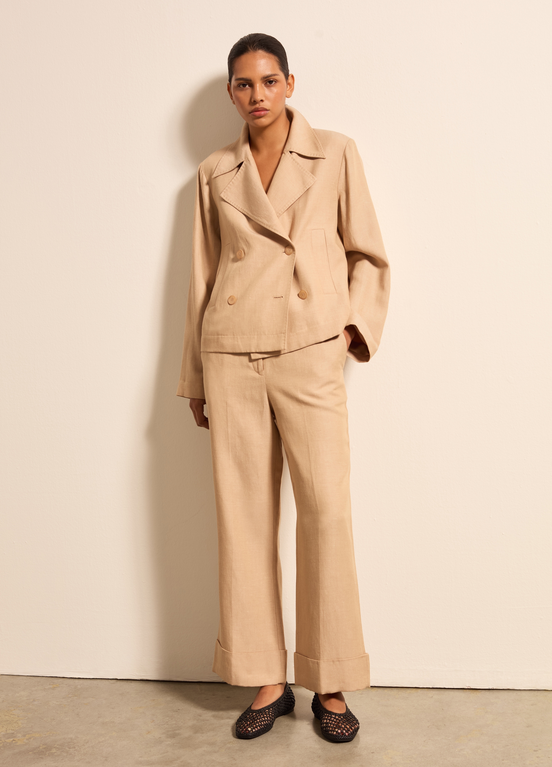 Stefanel - Pantalone a gamba larga straight fit, Donna, Beige scuro, Taglia 38