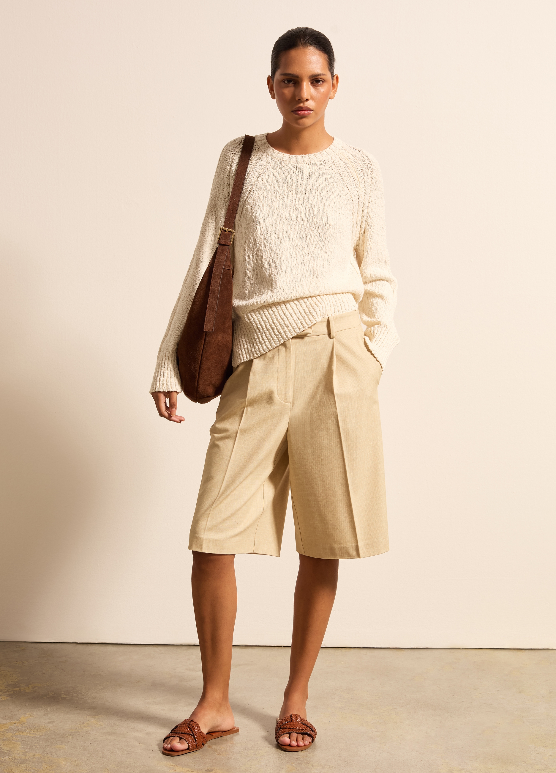 Stefanel - Bermuda con pinces trama lavorata, Donna, Beige, Taglia 38