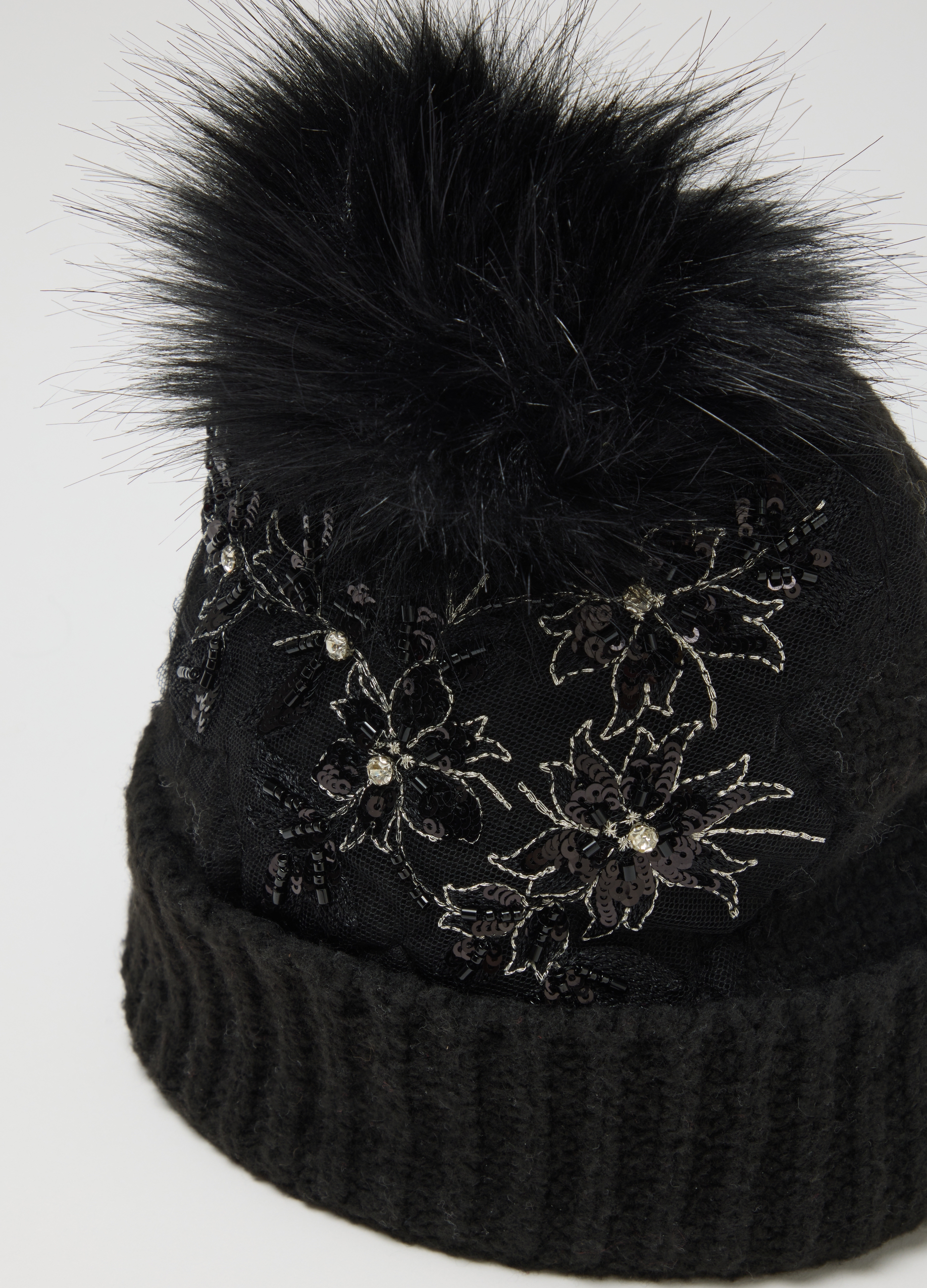 Stefanel - Berretto nero con pon pon, Donna, Nero canna di fucile, Taglia ONE SIZE