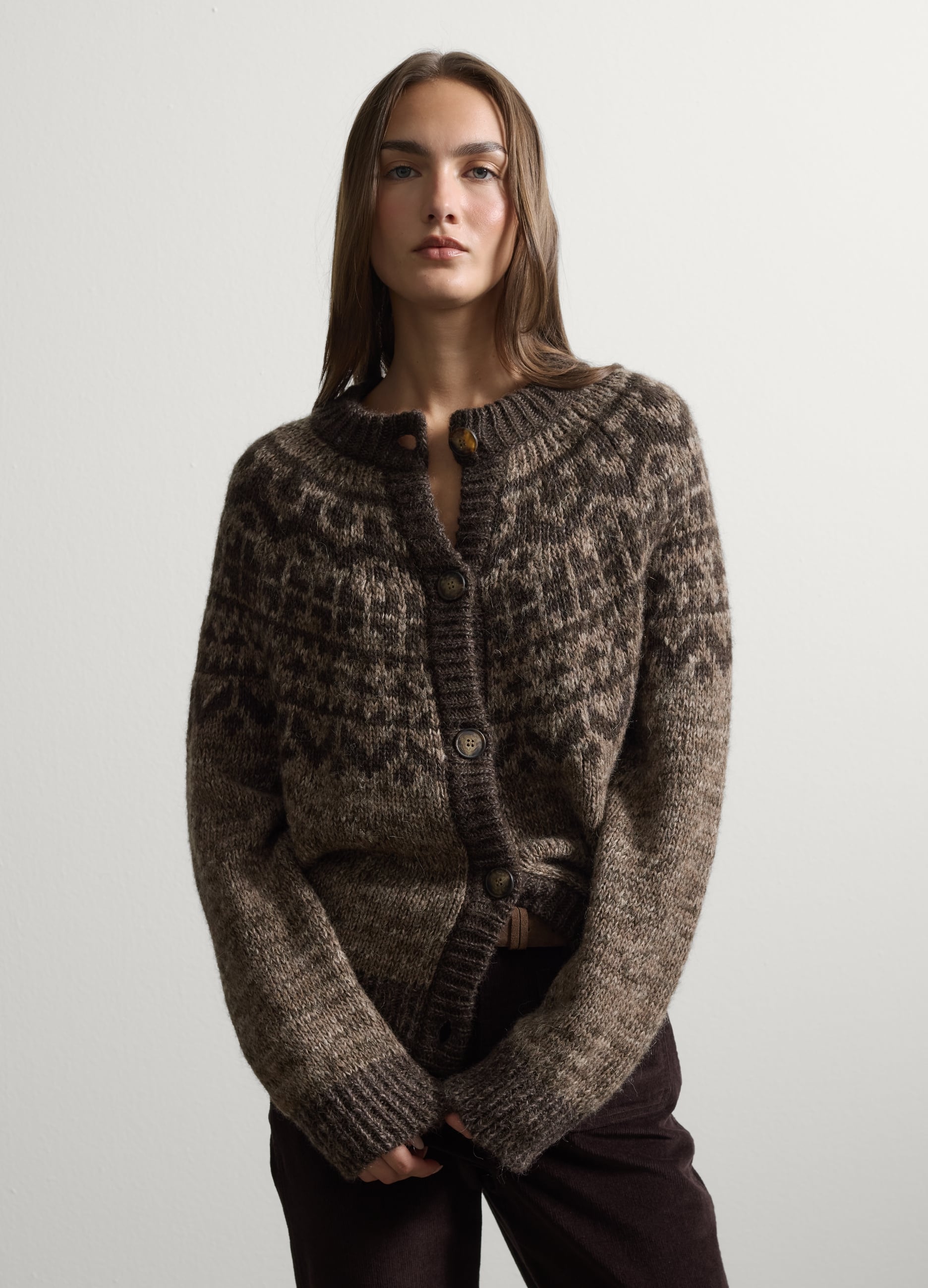 Stefanel - Braune Jacquard-Strickjacke aus Alpaka-, Woll- und Viskosemix, Regular Fit, Damen, Braun