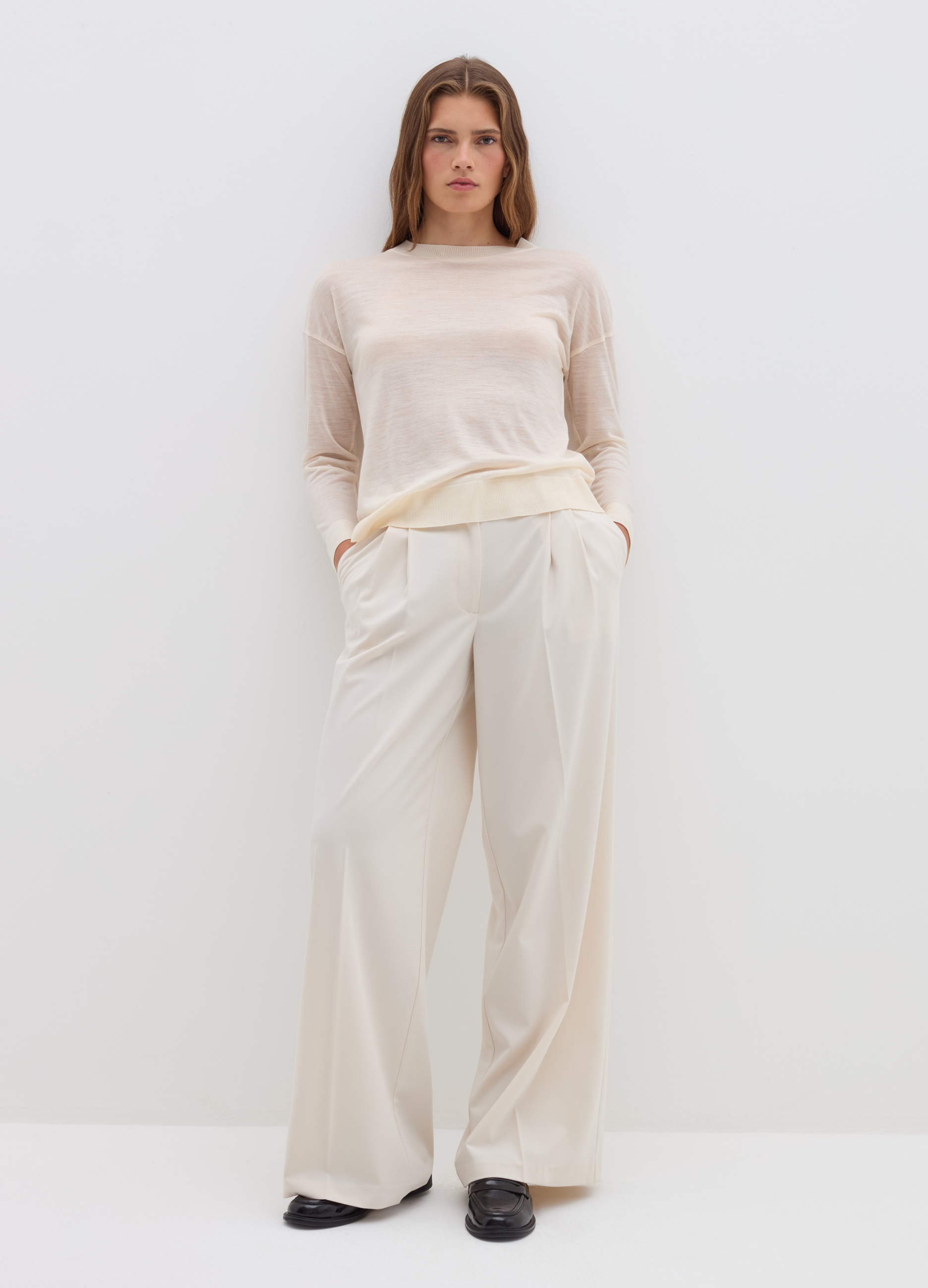 Stefanel - Maglia a maniche lunghe in lana e Lyocell, Donna, Bianco avorio, Taglia XS