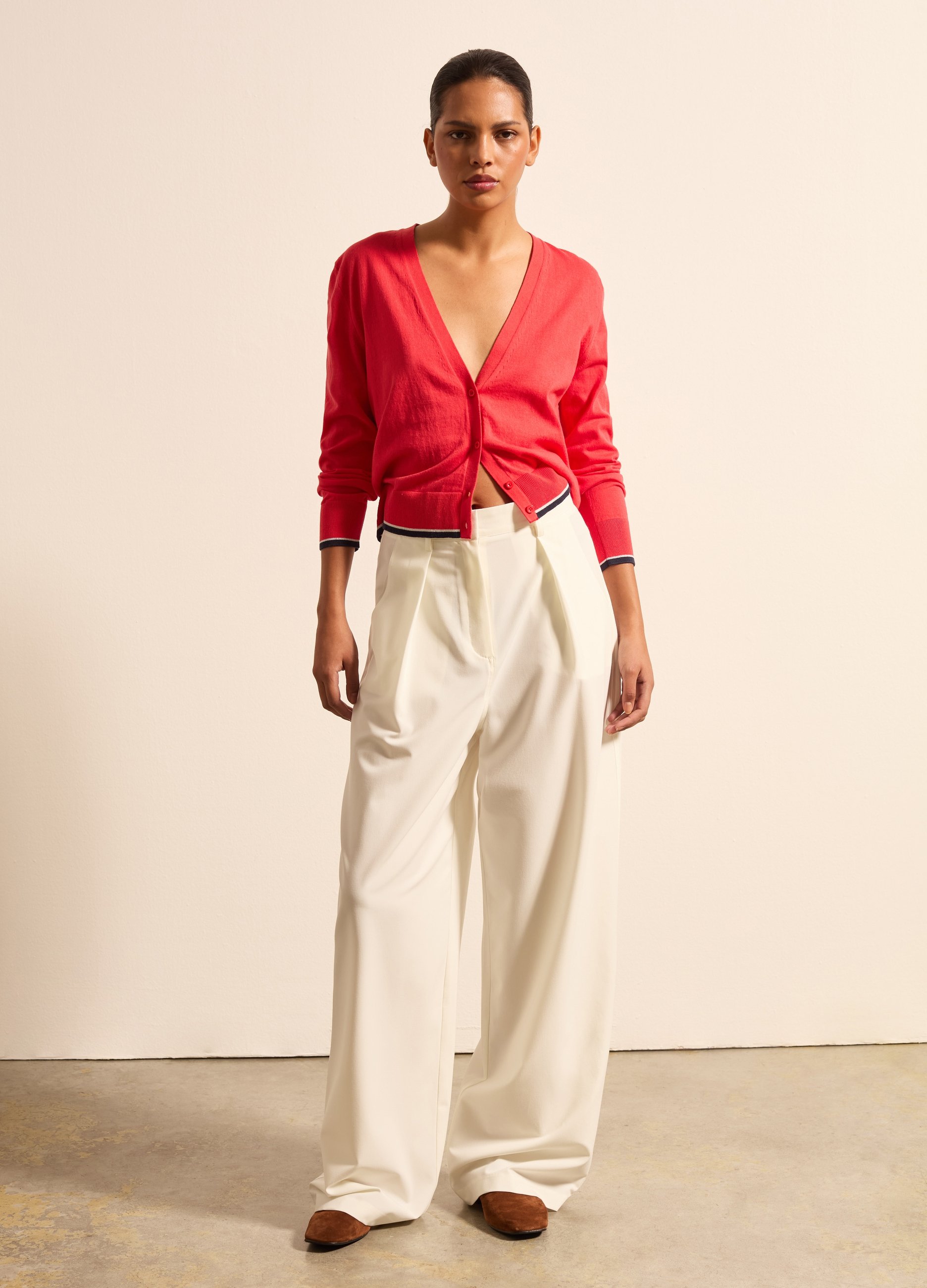 Stefanel - Cardigan in crêpe con profilo in lurex, Donna, Rosso fragola, Taglia XS