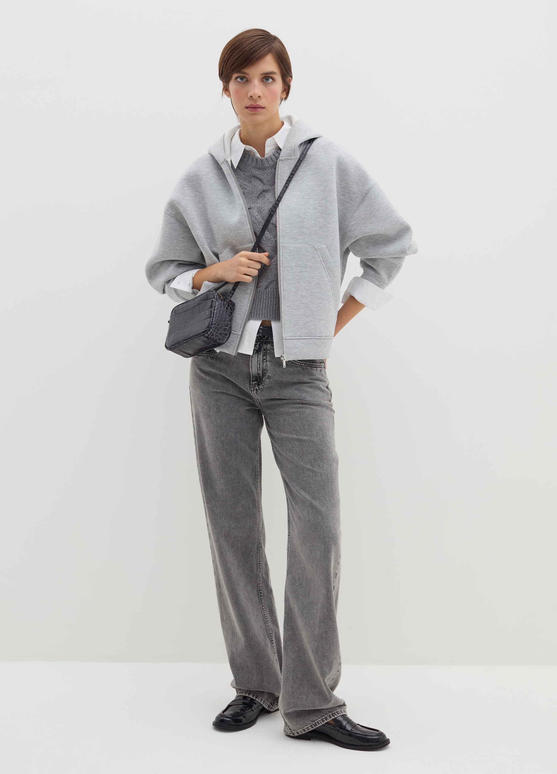 Stefanel - Felpa over con cappuccio e zip, Donna, Grigio chiaro melange, Taglia XS