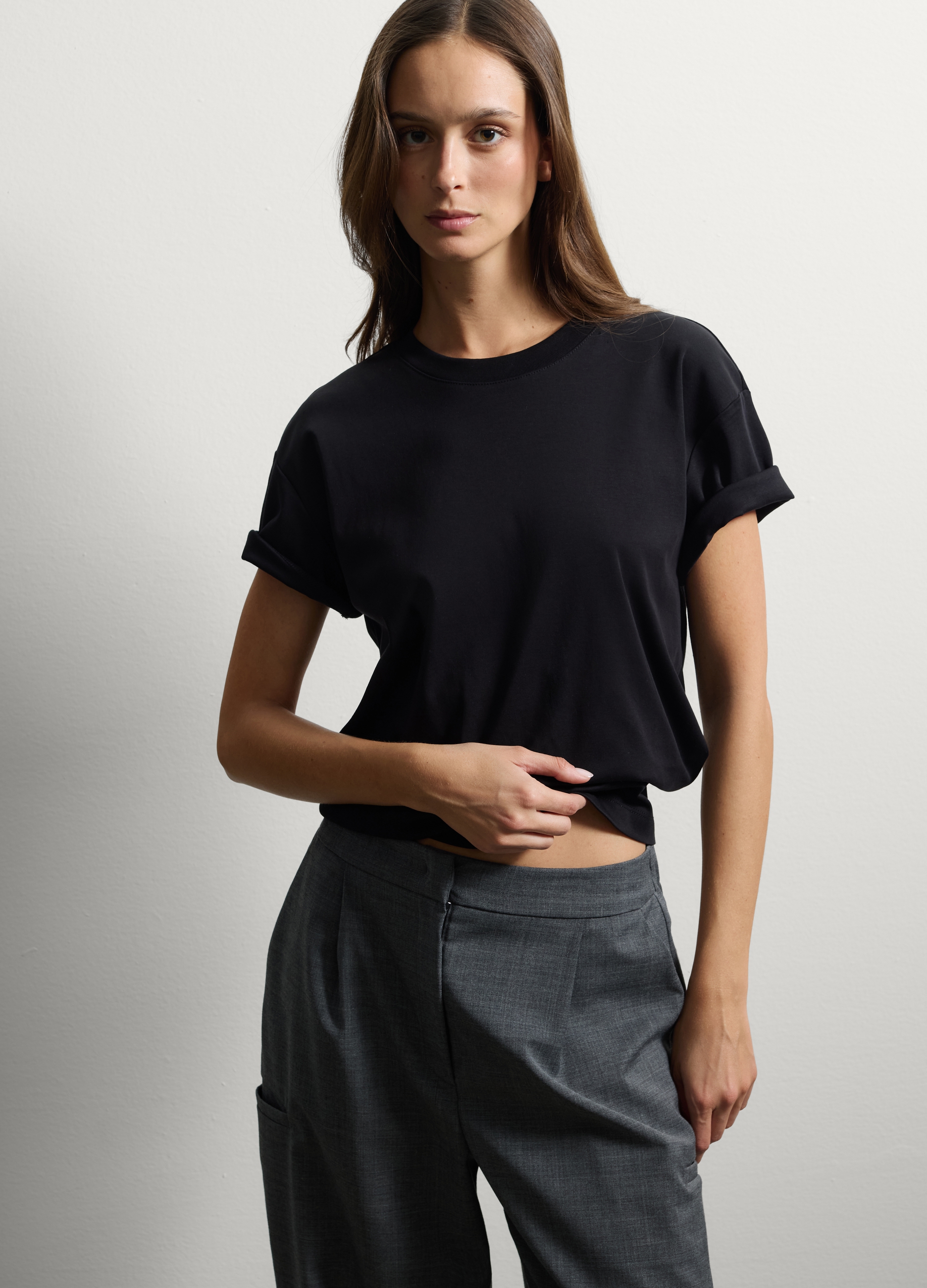 Stefanel - T-shirt in puro cotone nero regular fit, Donna, Nero canna di fucile, Taglia XS