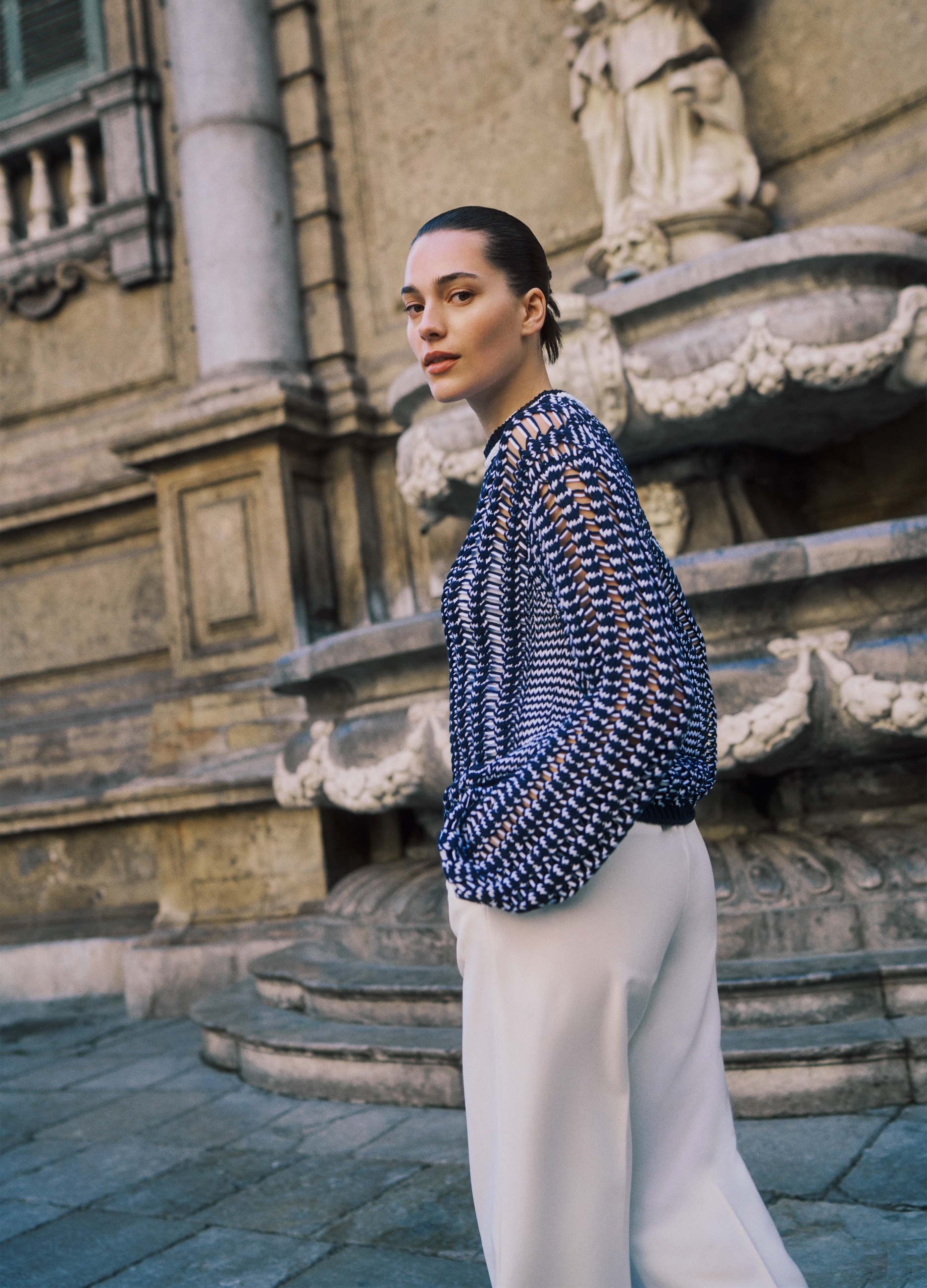 Stefanel - Maglia traforata in cotone, Donna, Bianco/Blu, Taglia S