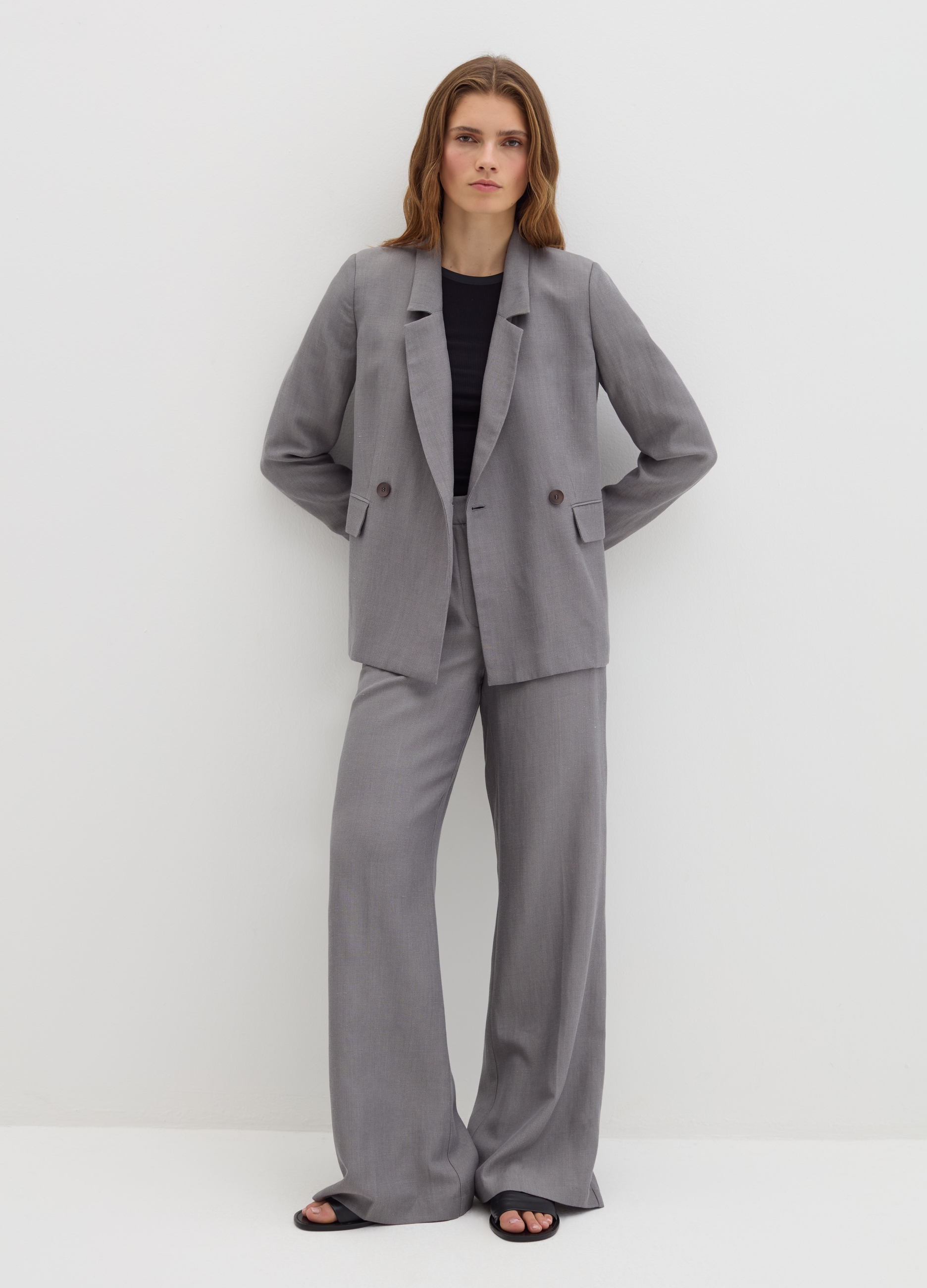 Stefanel - Blazer doppiopetto in canapino, Donna, Grigio melange, Taglia 38