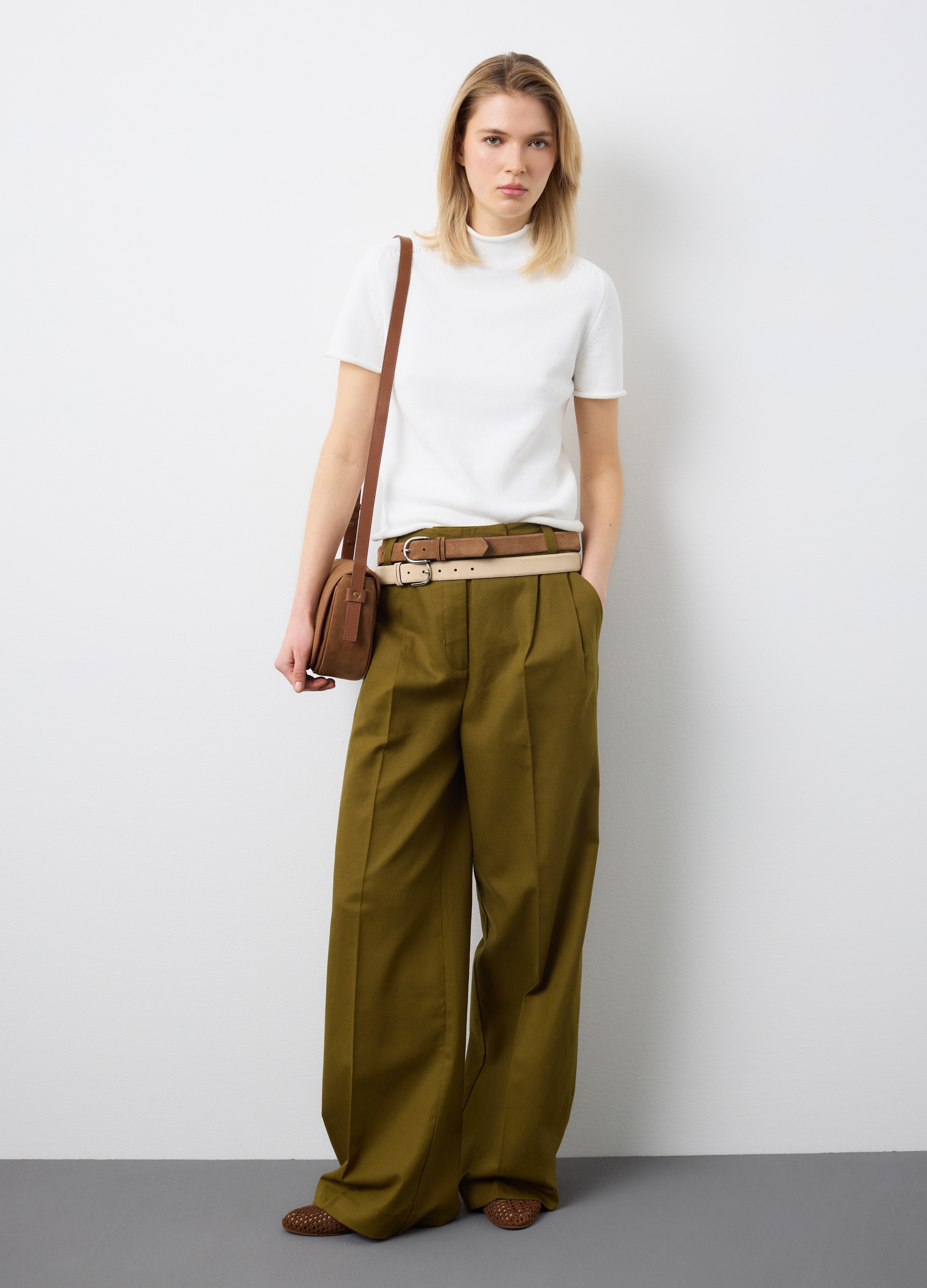 Stefanel - Pantaloni dritti in misto cotone e lino verdi regular fit, Donna, Verde muschio, Taglia 48