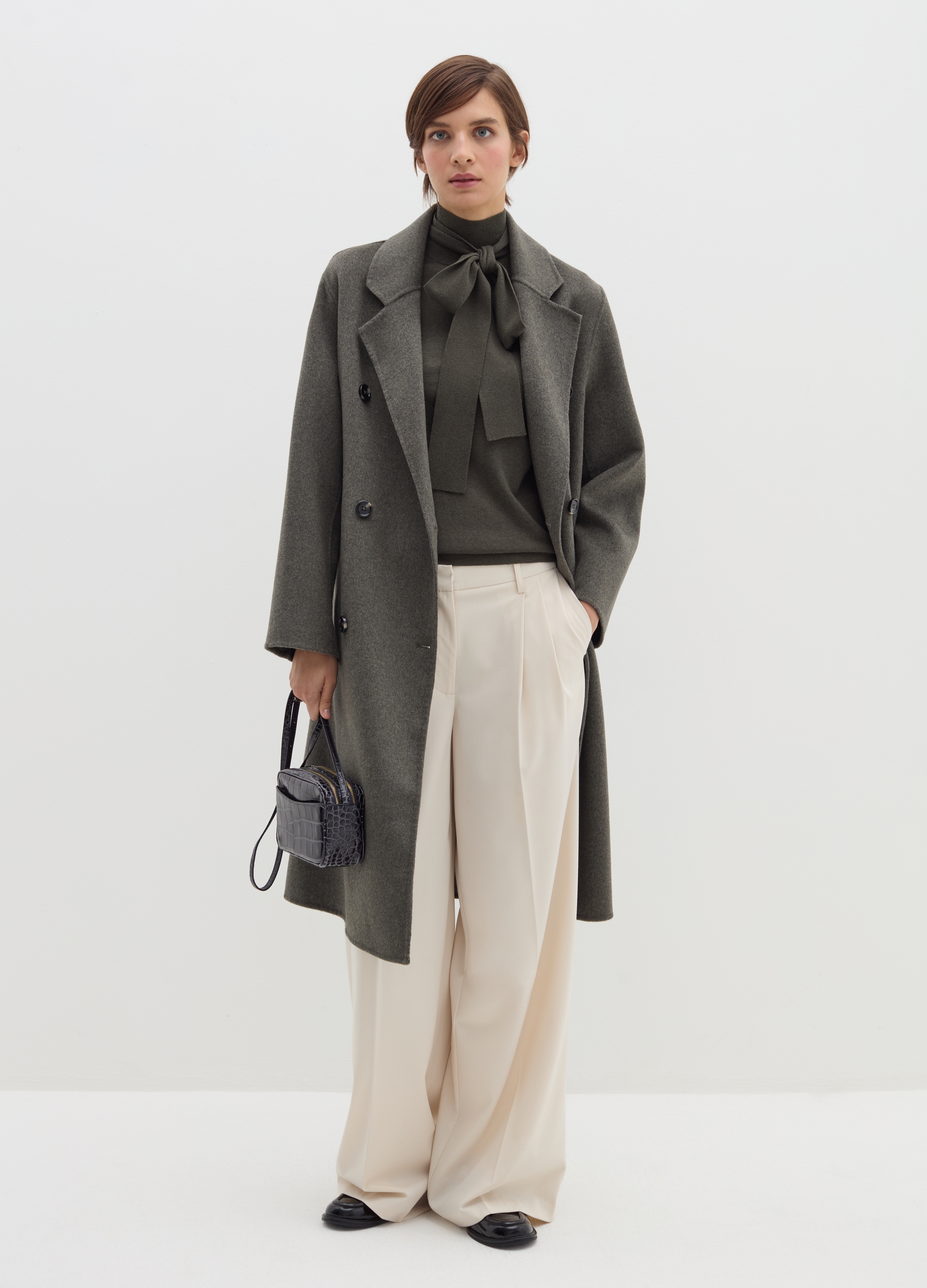 Stefanel - Cappotto lungo doppiopetto in panno, Donna, Verde muschio, Taglia M