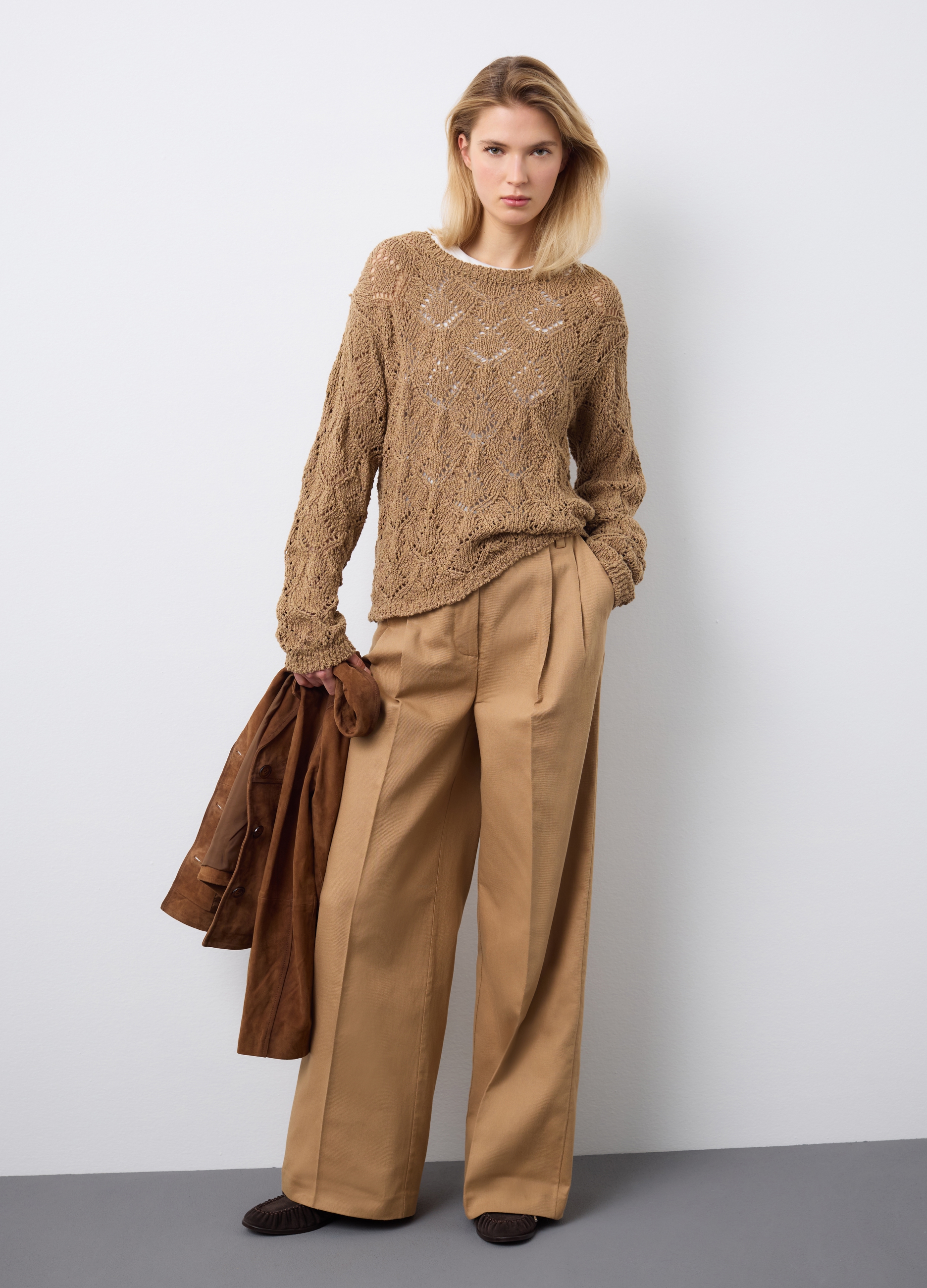 Stefanel - Pantaloni dritti in misto cotone e lino marroni regular fit, Donna, Marrone chiaro, Taglia 48