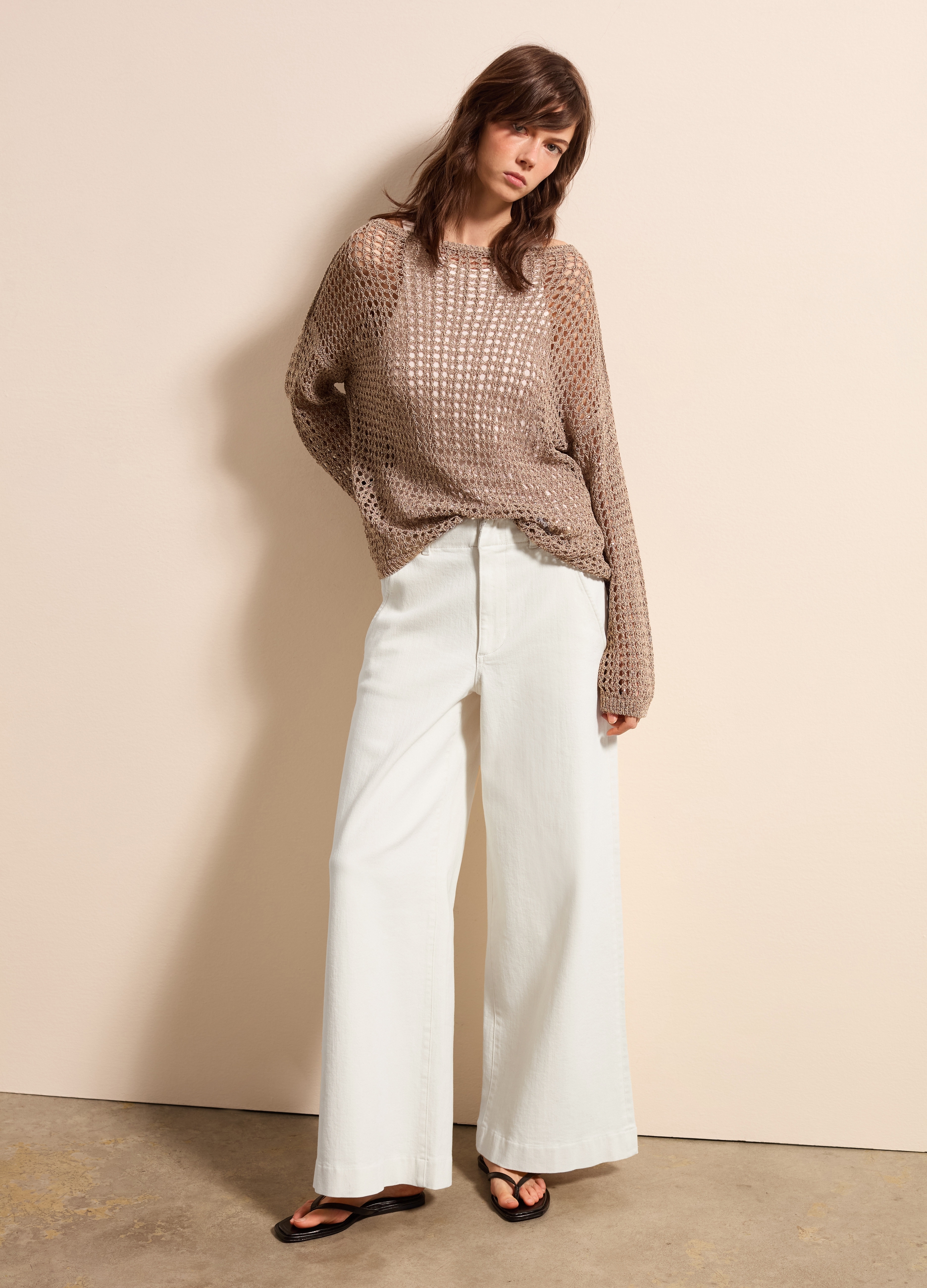 Stefanel - Maglia traforata con micro paillettes, Donna, Beige scuro, Taglia XS