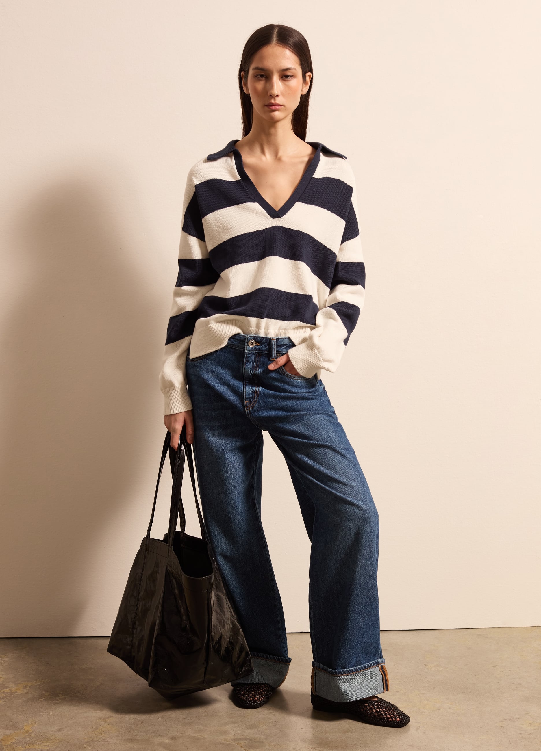 Stefanel - Jeans a gamba larga con risvolti, Donna, Lavaggio scuro, Taglia 46