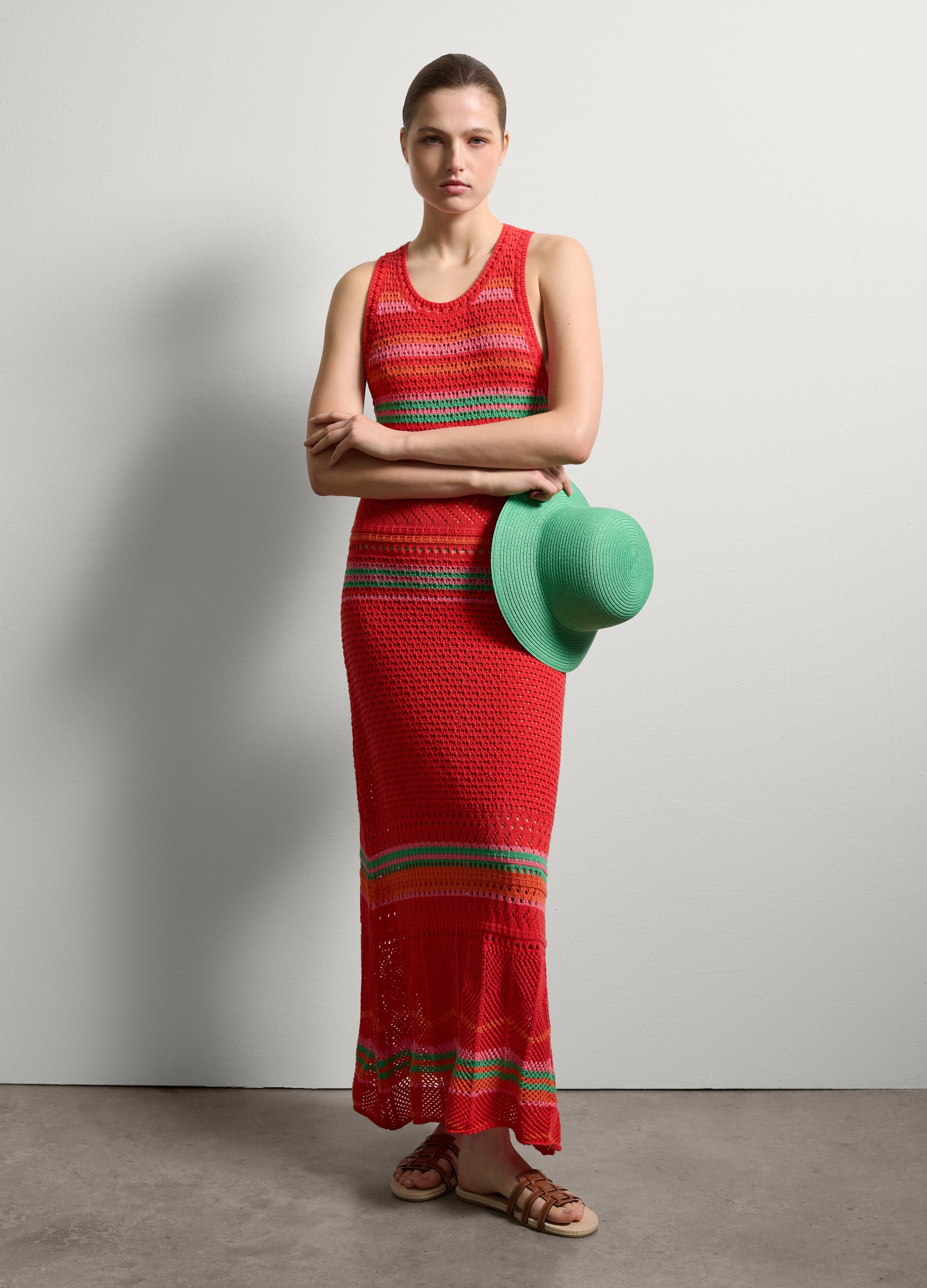 Stefanel - Abito lungo crochet con dettagli a contrasto, Donna, Verde/rosso, Taglia S