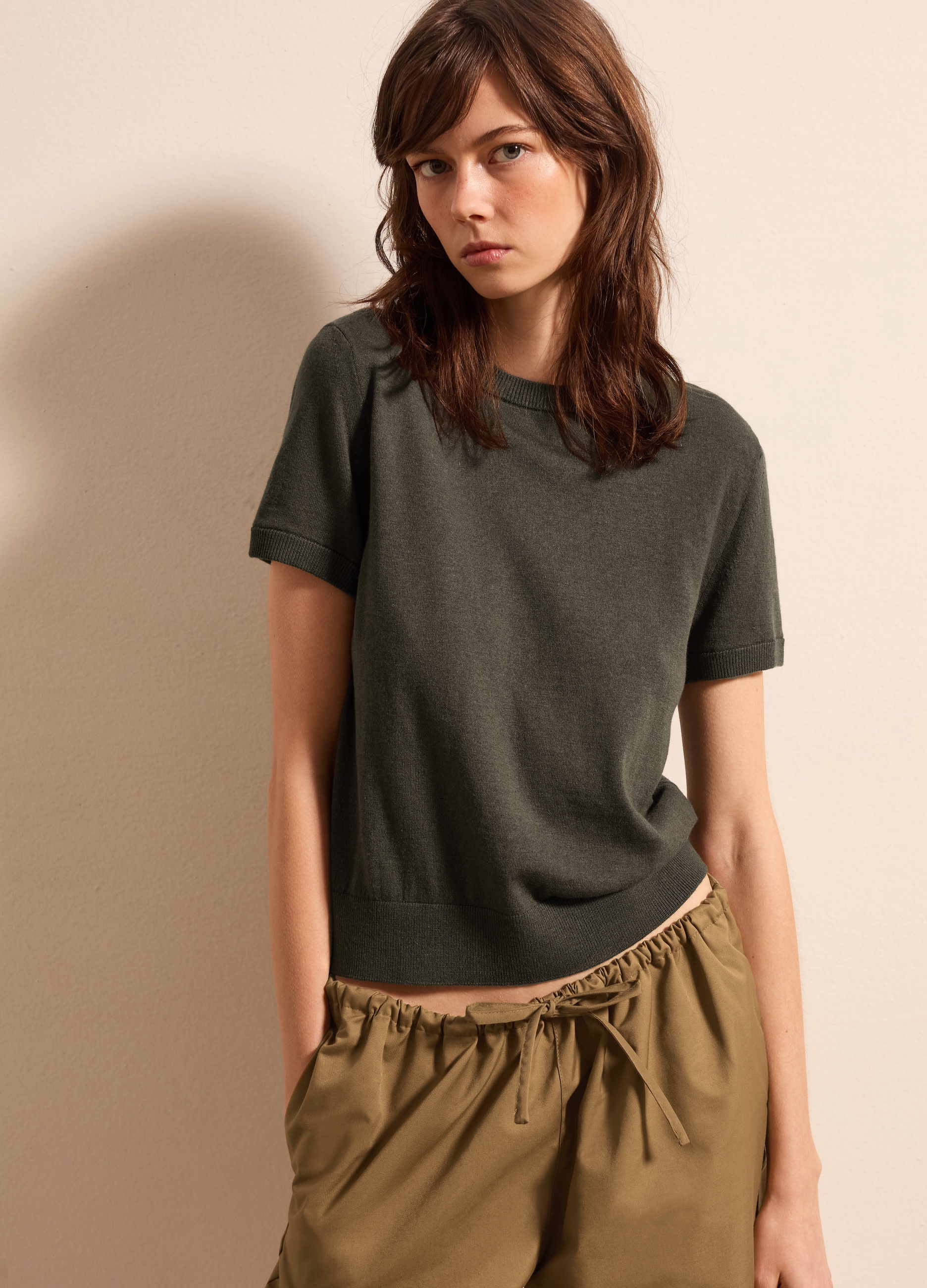 Stefanel - Maglia a maniche corte in lana, cotone e cashmere, Donna, Verde muschio, Taglia XS