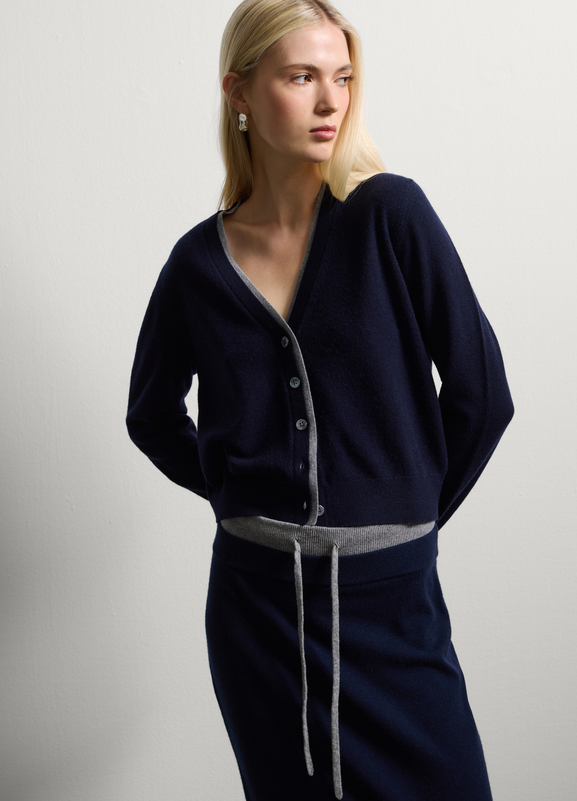 Stefanel - Cardigan blu in lana e cashmere regular fit, Donna, Blu/Grigio, Taglia XS