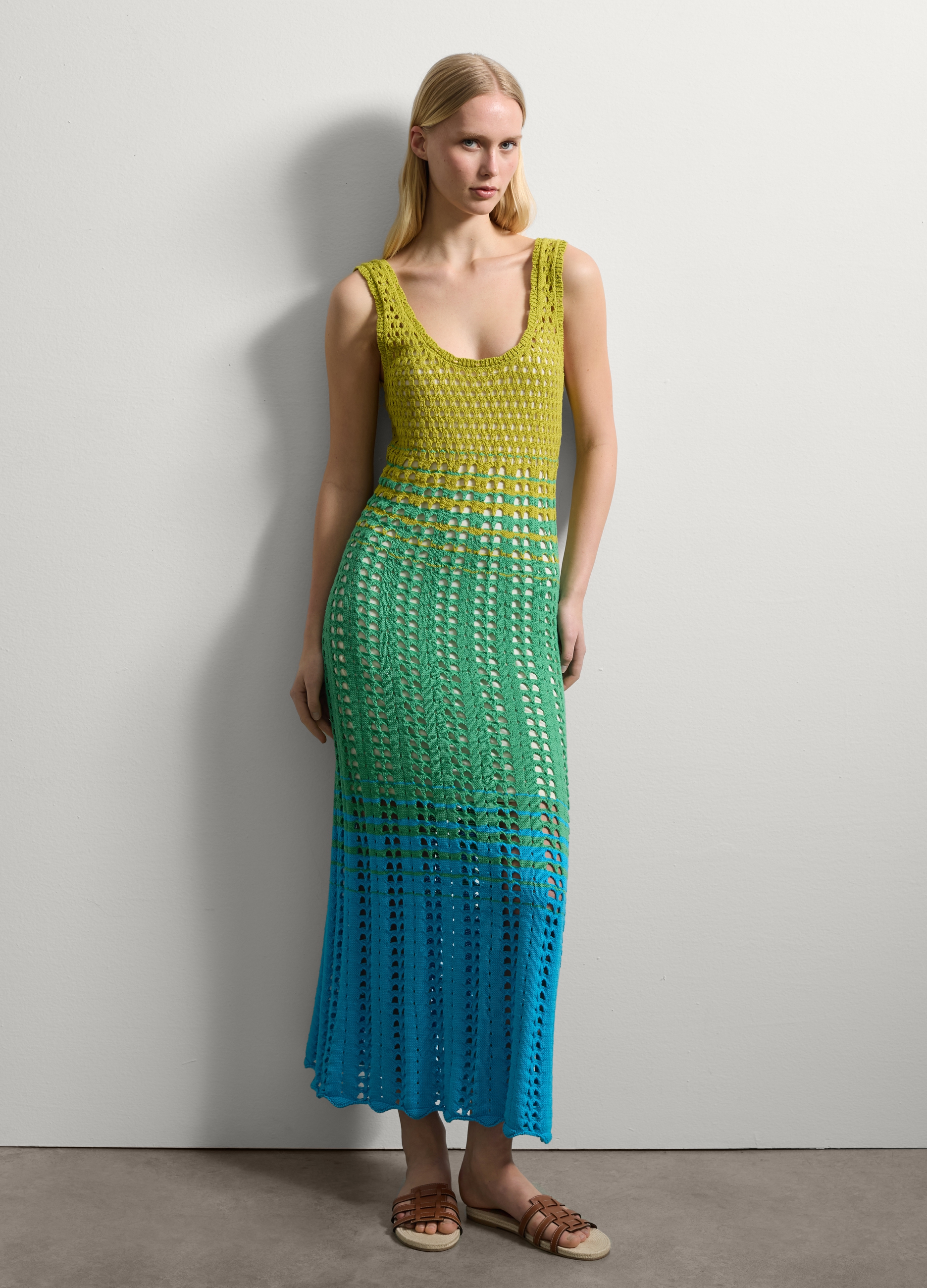 Stefanel - Abito lungo crochet multicolor, Donna, Verde/Blu, Taglia XS